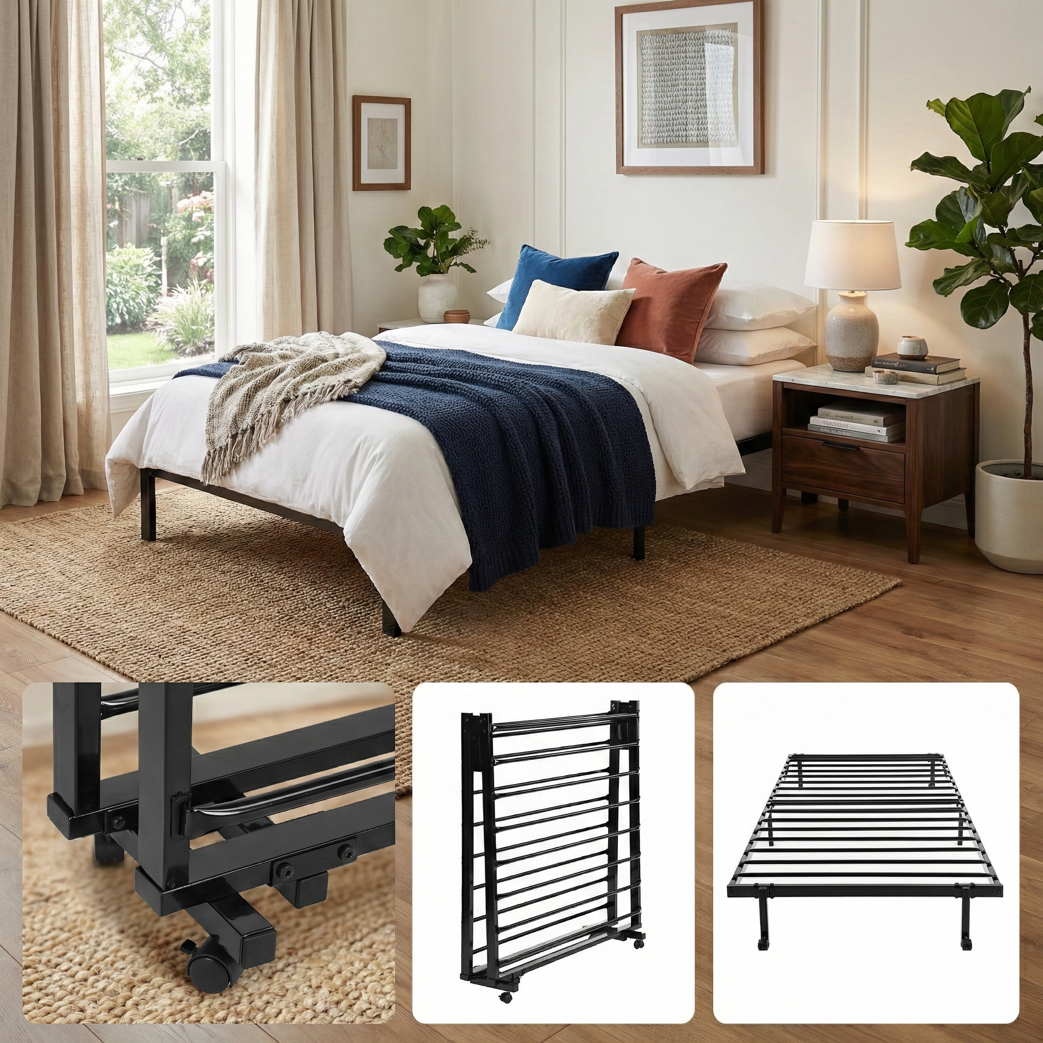 Estructura de Cama Individual Plegable y Movible sin Colchón, Ahorra Espacio Negro