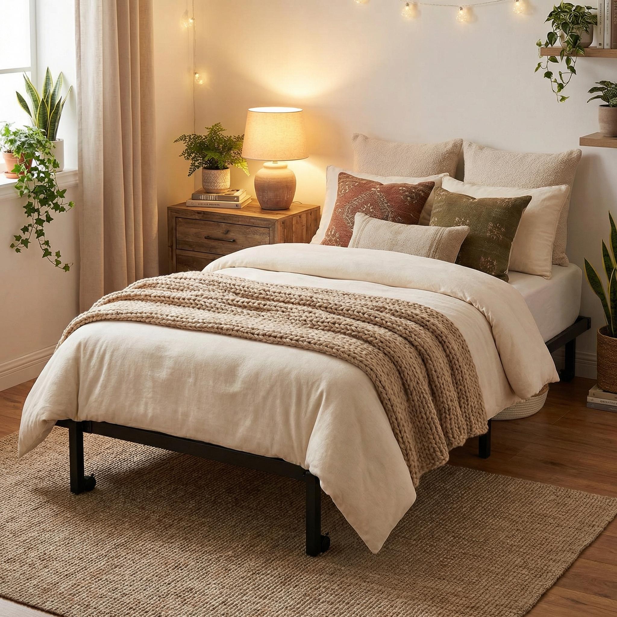 Estructura de Cama Individual Plegable y Movible sin Colchón, Ahorra Espacio Negro