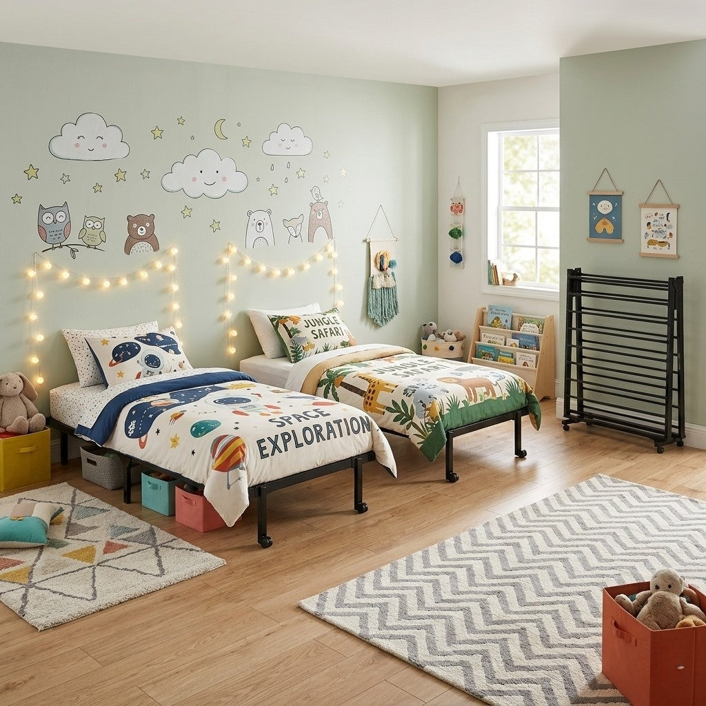 Estructura de Cama Individual Plegable y Movible sin Colchón, Ahorra Espacio Negro