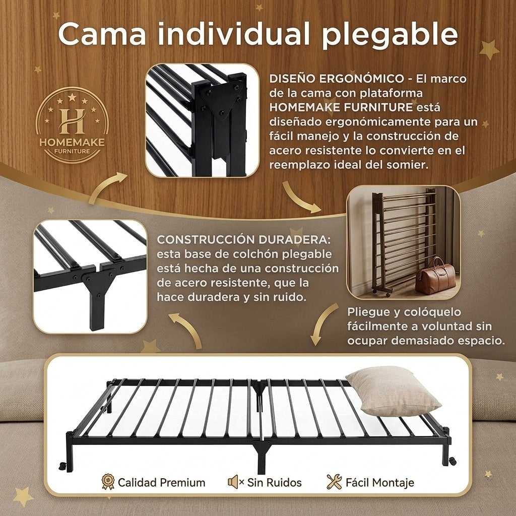 Estructura de Cama Individual Plegable y Movible sin Colchón, Ahorra Espacio Negro