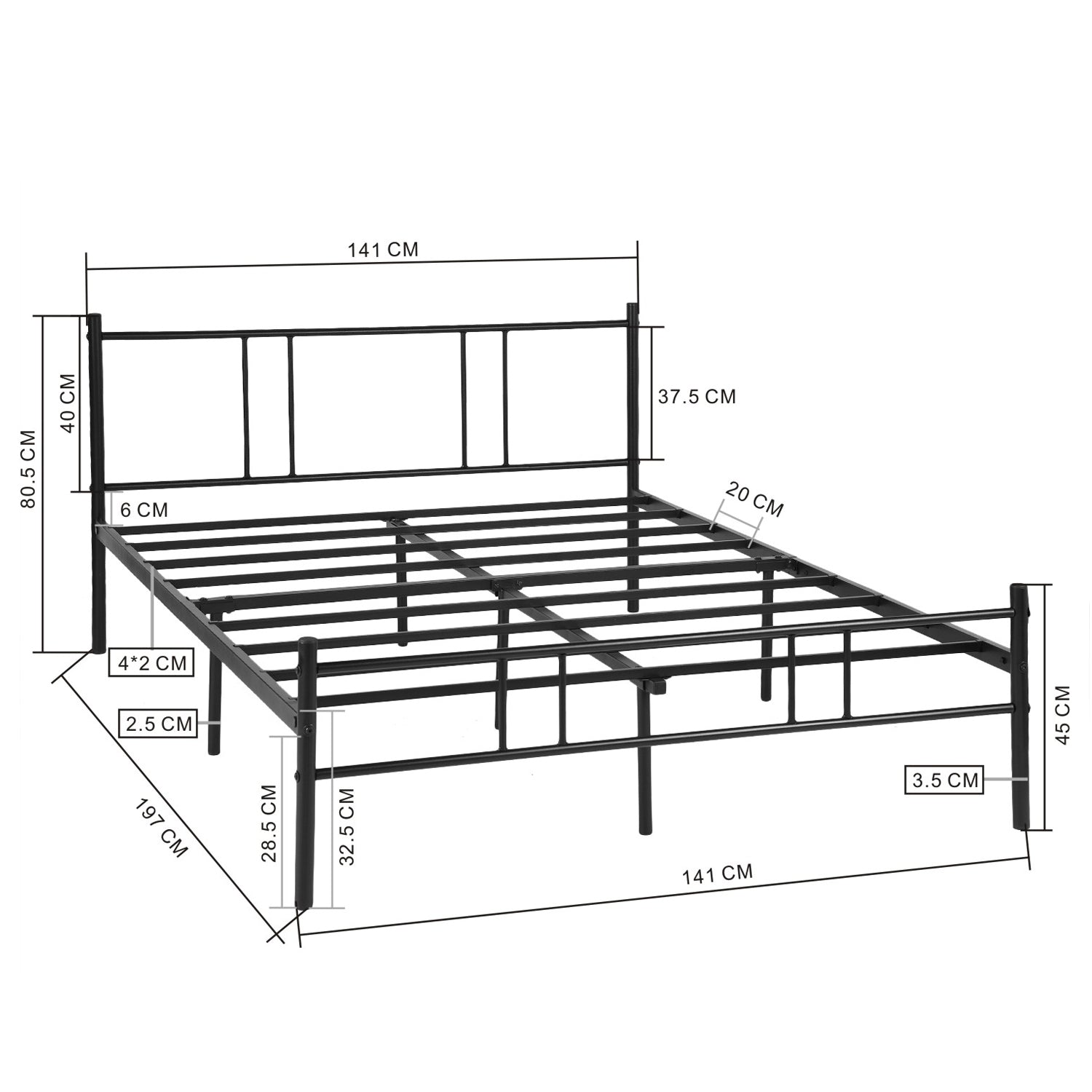 Estructura de Cama Doble de Metal Sin Colchón 197 X 141.5 cm