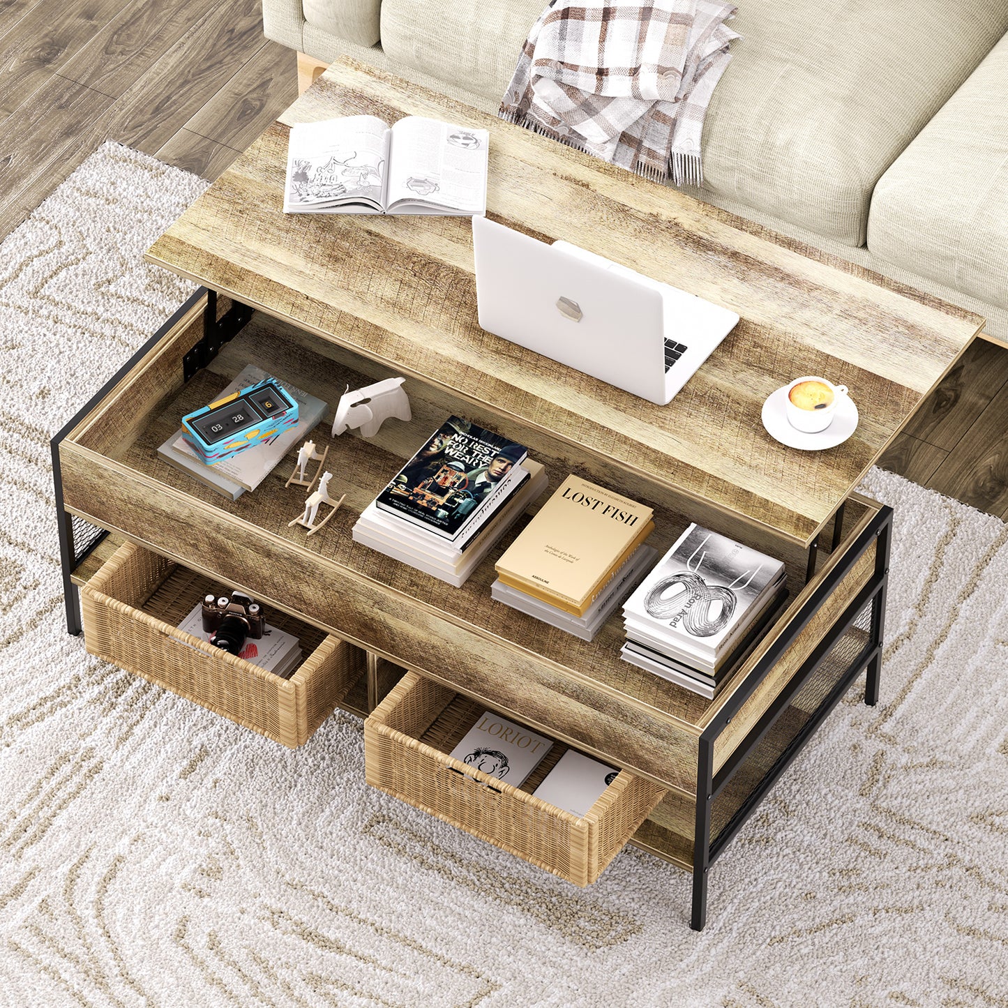 Mesa de Centro Elevable con Compartimento de Almacenamiento (Marrón)