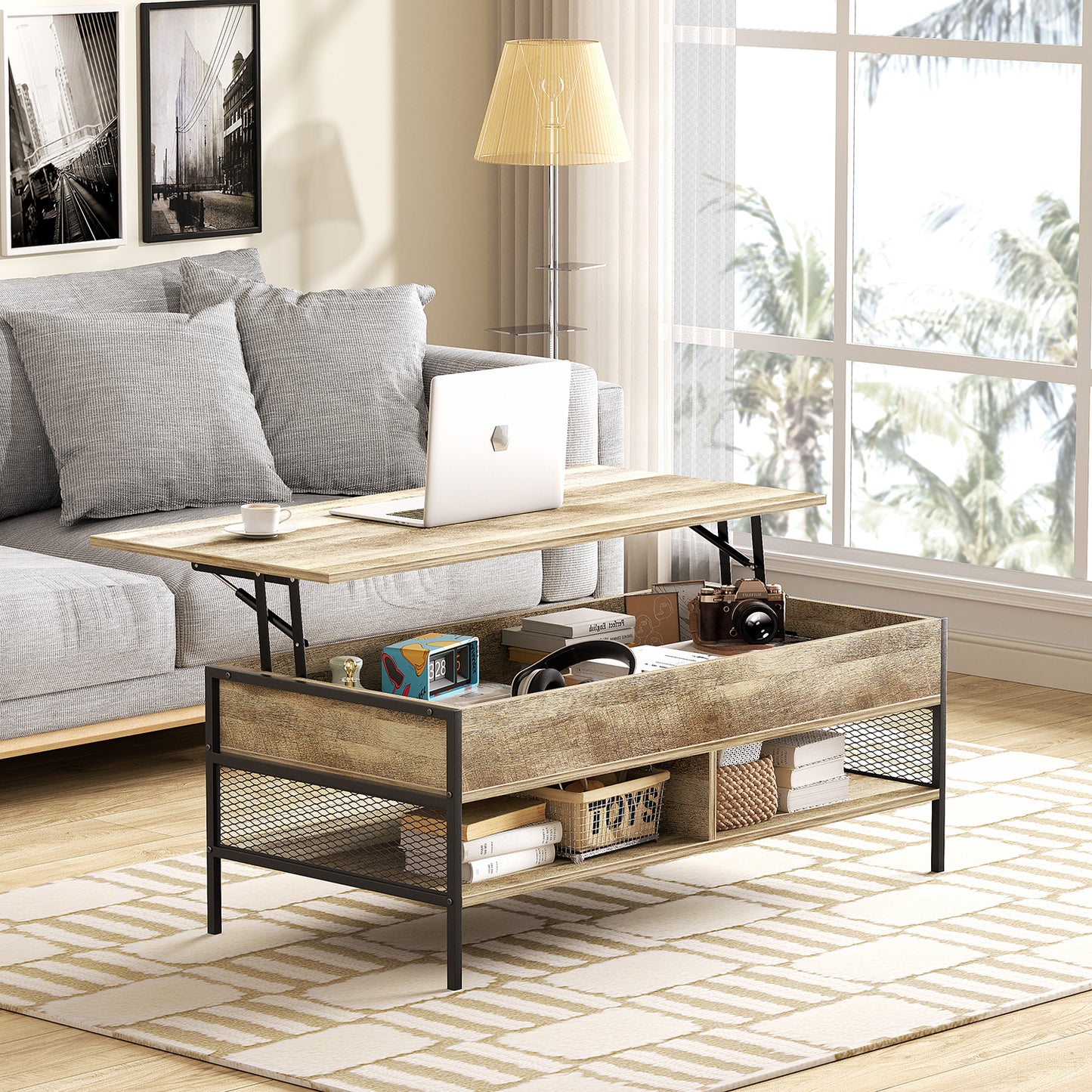 Mesa de Centro Elevable con Compartimento de Almacenamiento (Marrón)