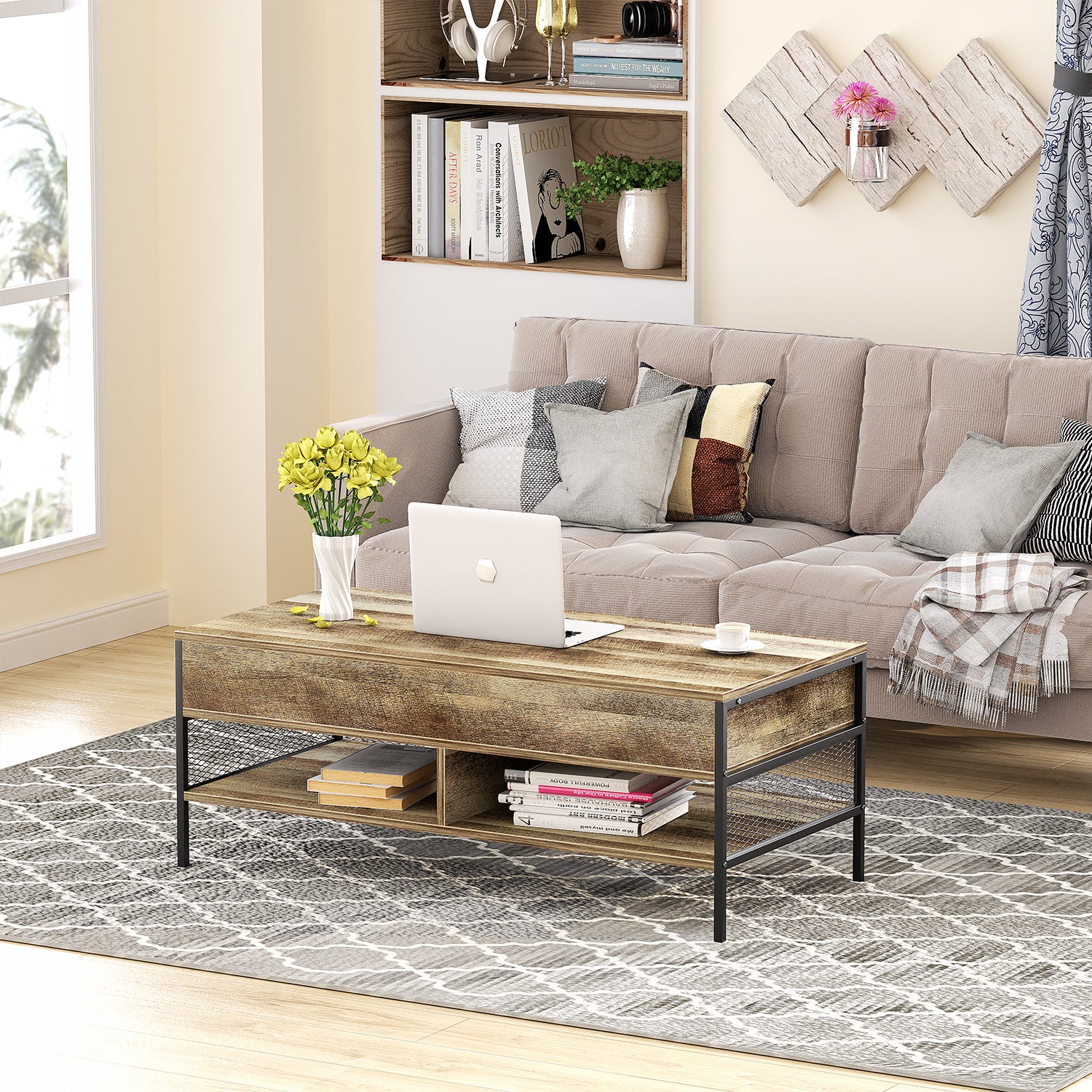 Mesa de Centro Elevable con Compartimento de Almacenamiento (Marrón)