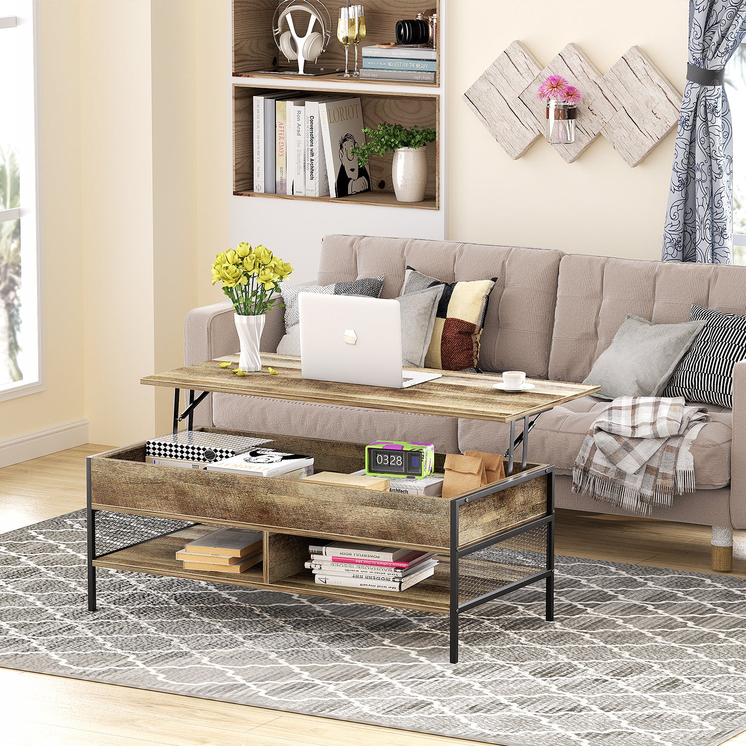 Mueble de Tv + Mesa de Centro Elevable Juego de 2 (Natural)