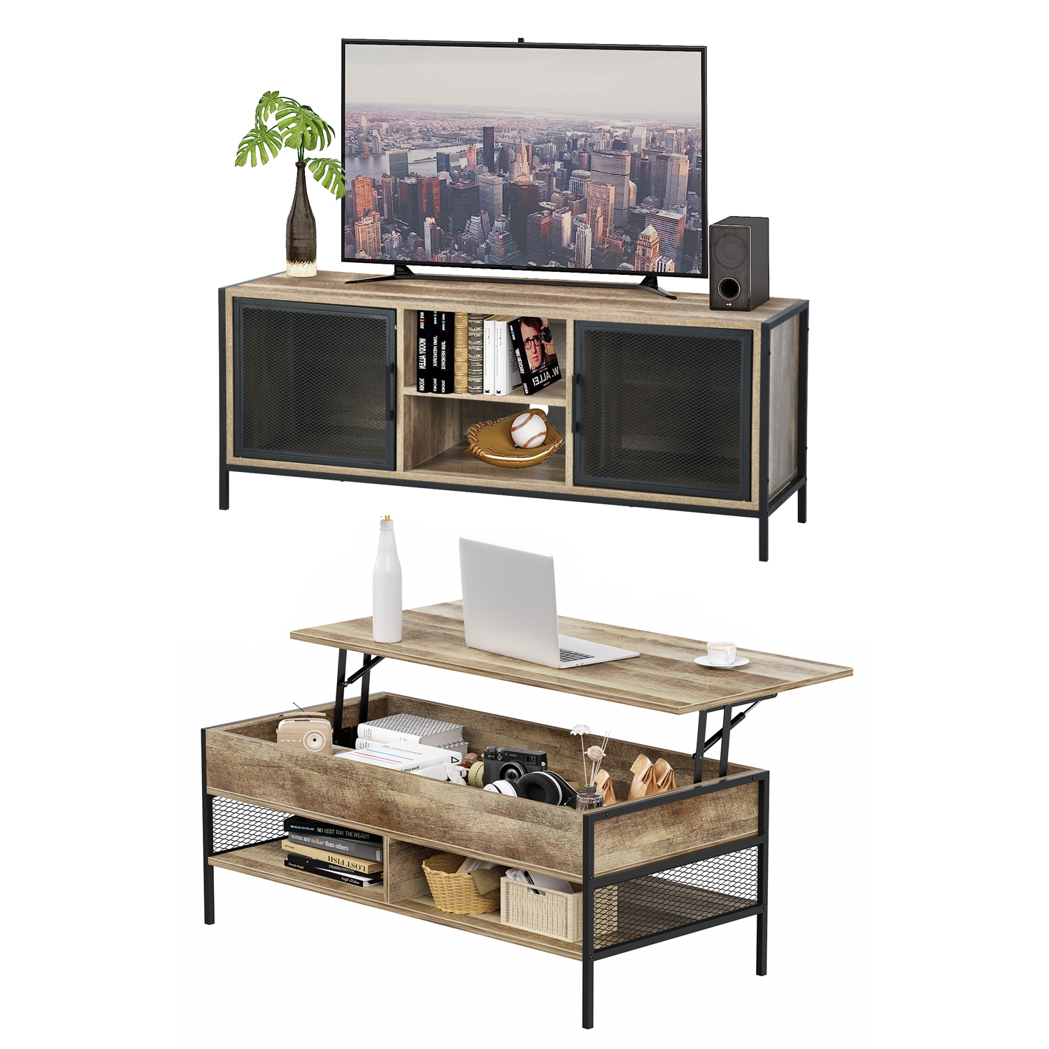 Mueble de Tv + Mesa de Centro Elevable Juego de 2 (Natural)