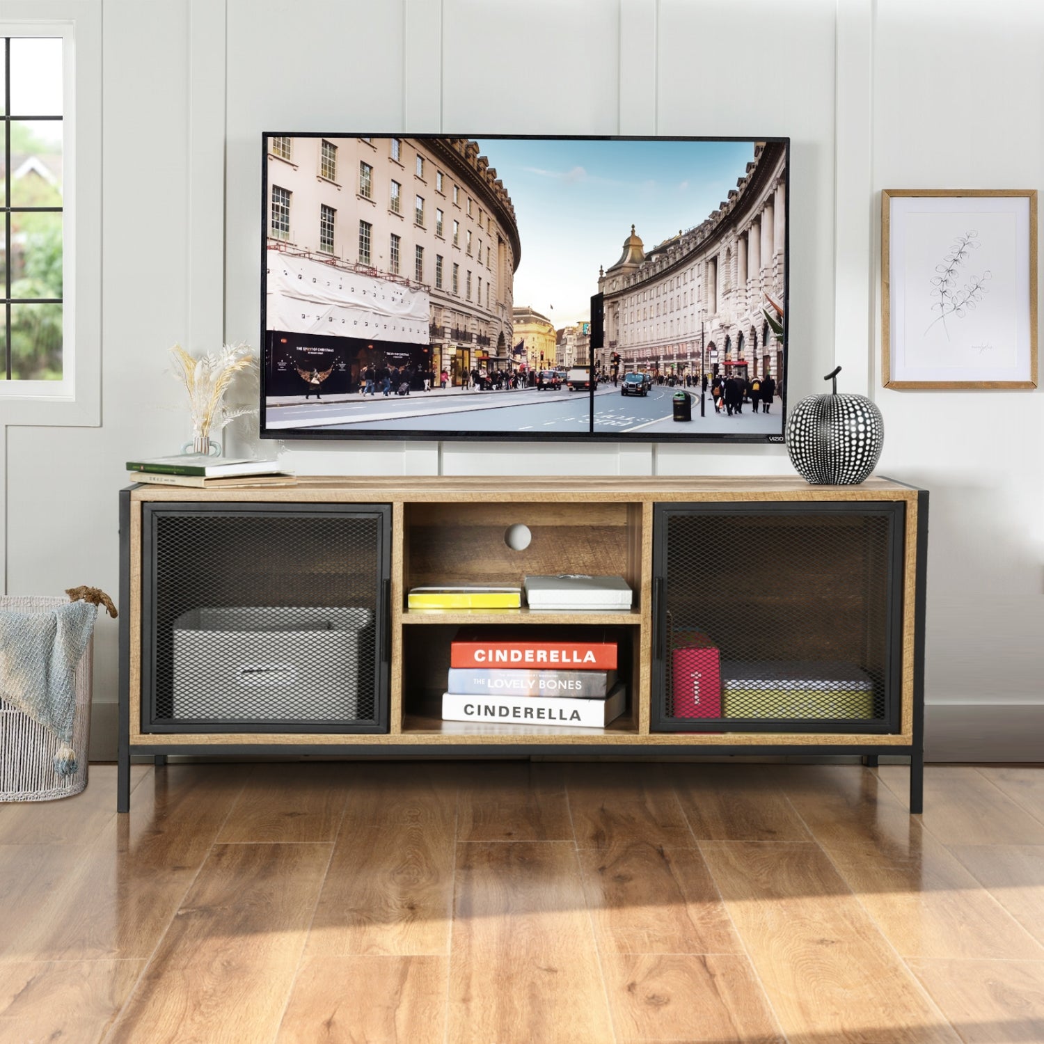 Mueble de TV con Almacenaje Diseño de Malla de Hierro Estilo Industrial (120X40X48cm) Natural