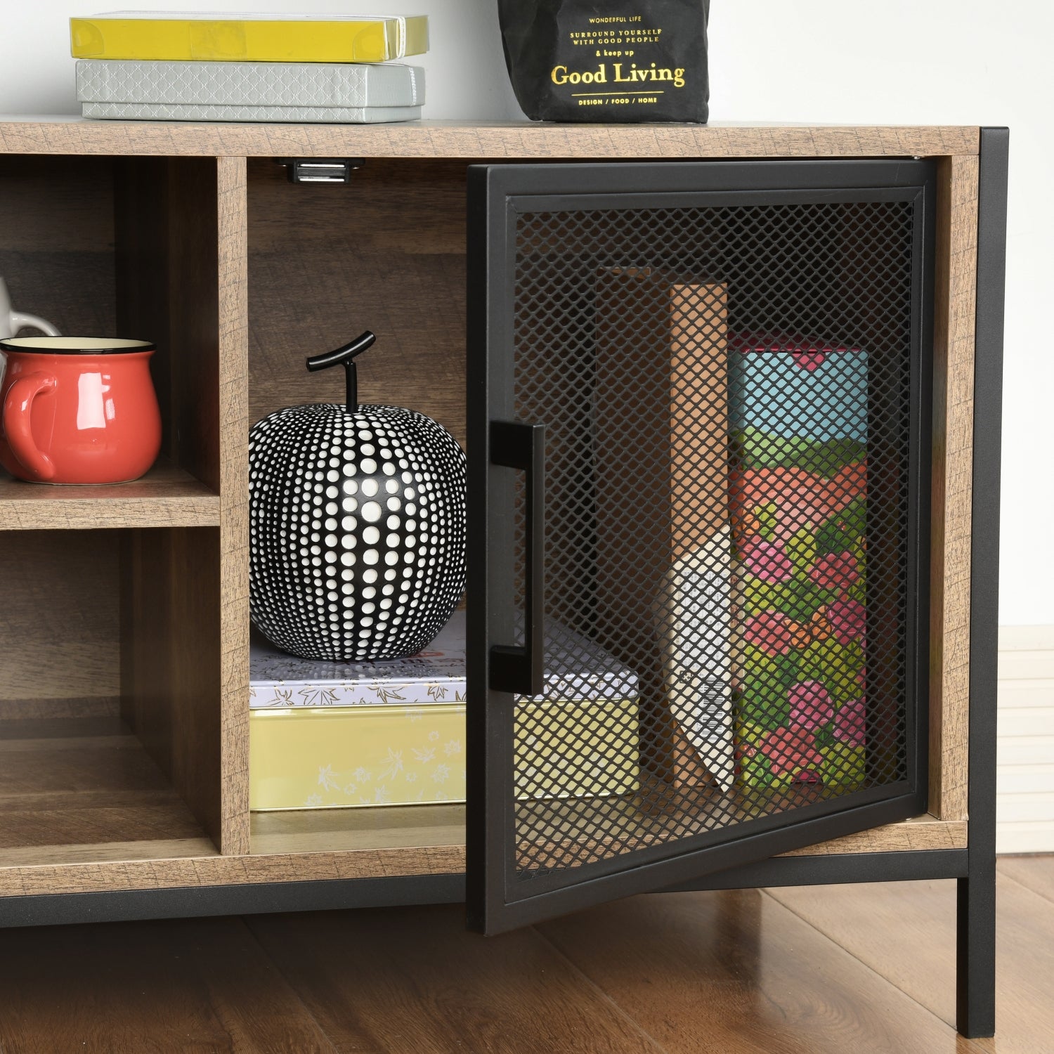 Mueble de TV con Almacenaje Diseño de Malla de Hierro Estilo Industrial (120X40X48cm) Natural