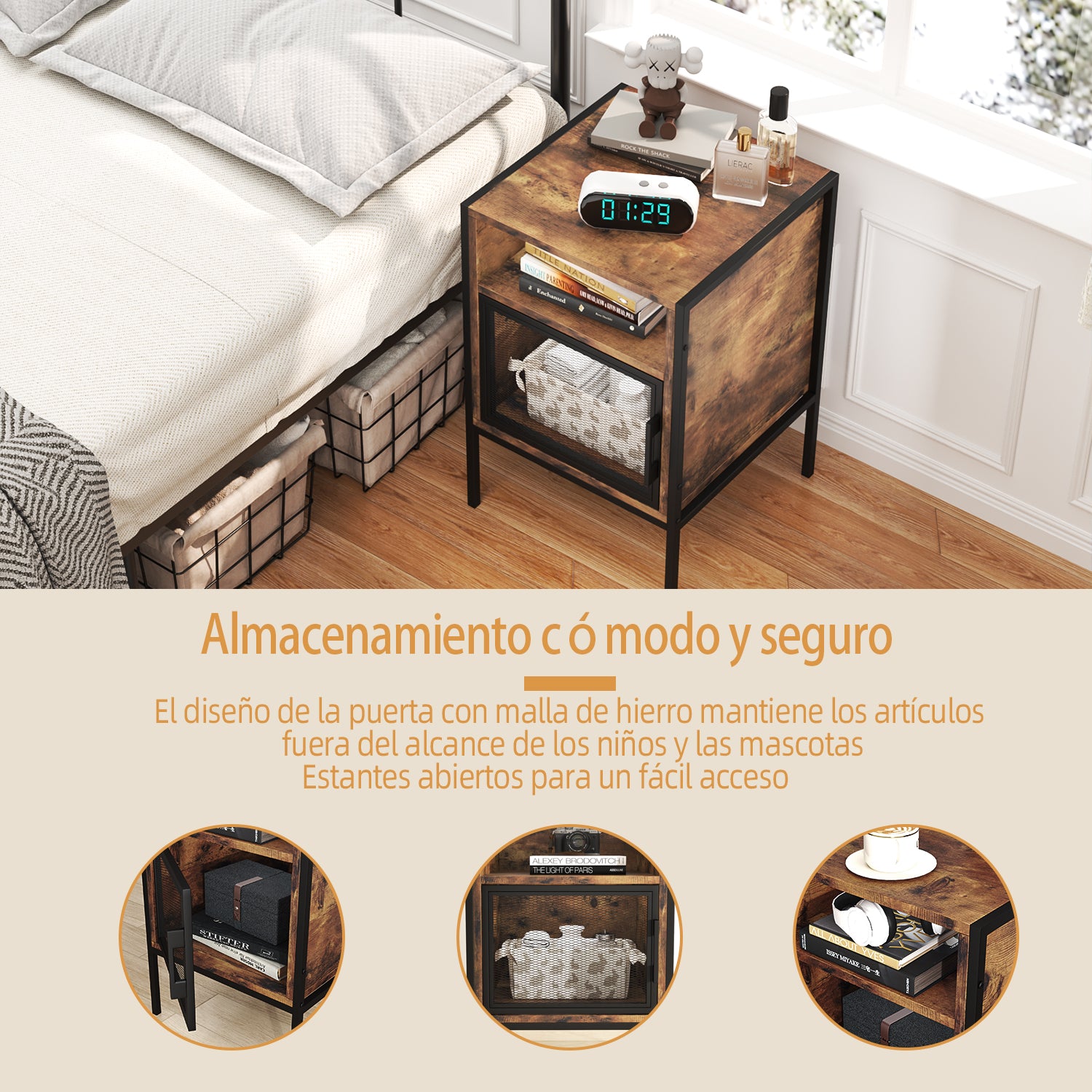 Mesa Auxiliar de Estilo Industrial Mesita de Noche con Rejilla MetáLica de Hierro Forjado (Vintage)