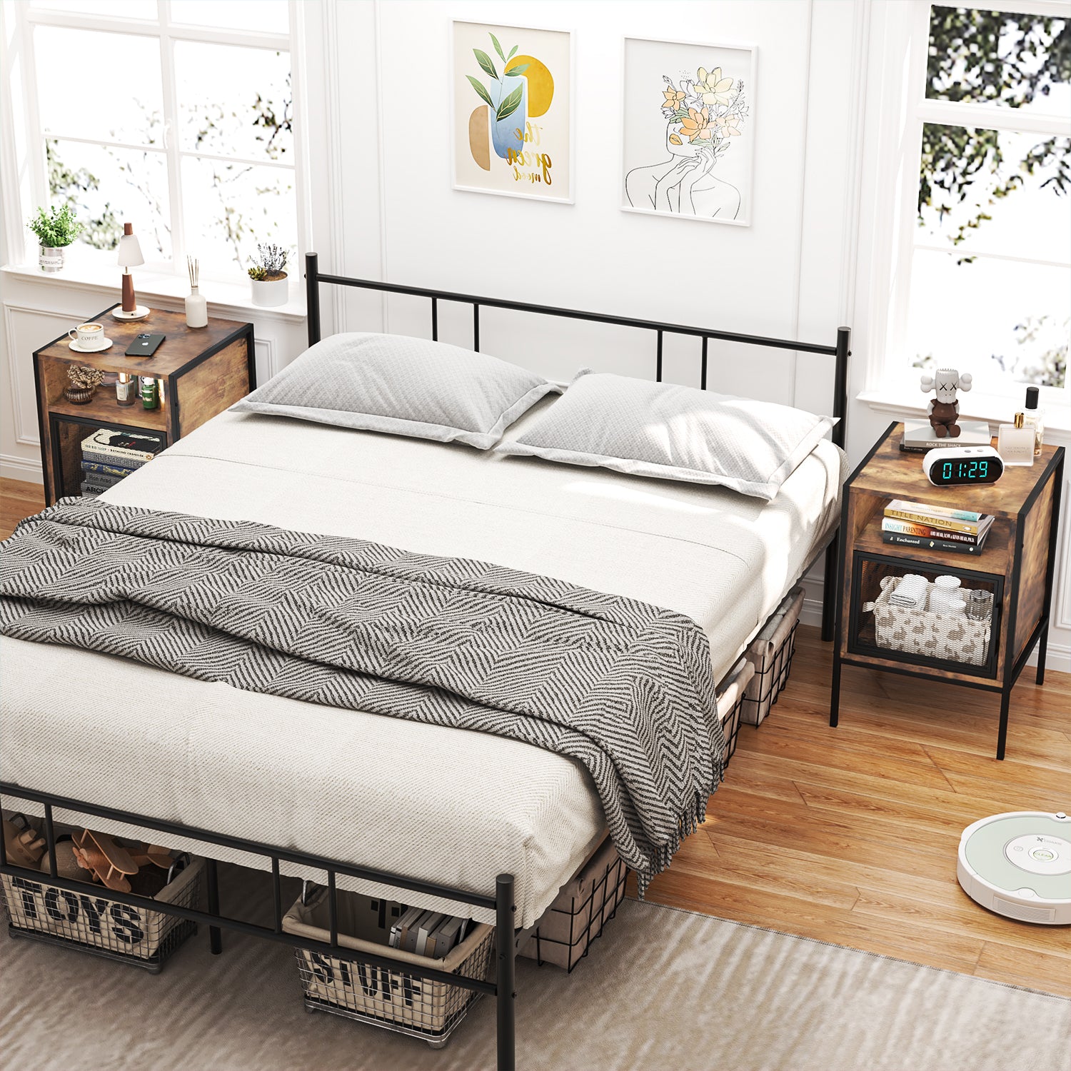 Mesa Auxiliar de Estilo Industrial Mesita de Noche con Rejilla MetáLica de Hierro Forjado (Vintage)