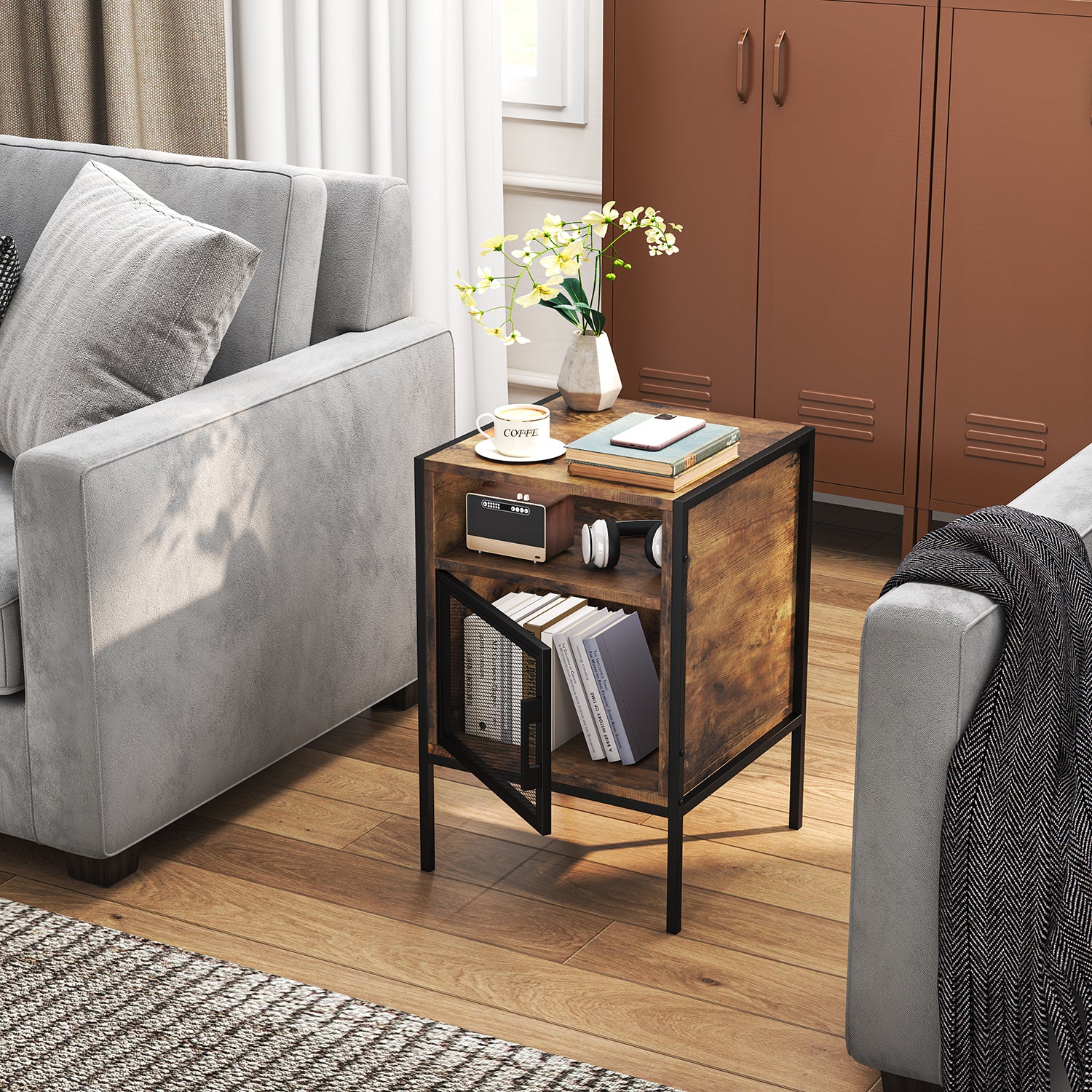 Mesa Auxiliar de Estilo Industrial Mesita de Noche con Rejilla MetáLica de Hierro Forjado (Vintage)