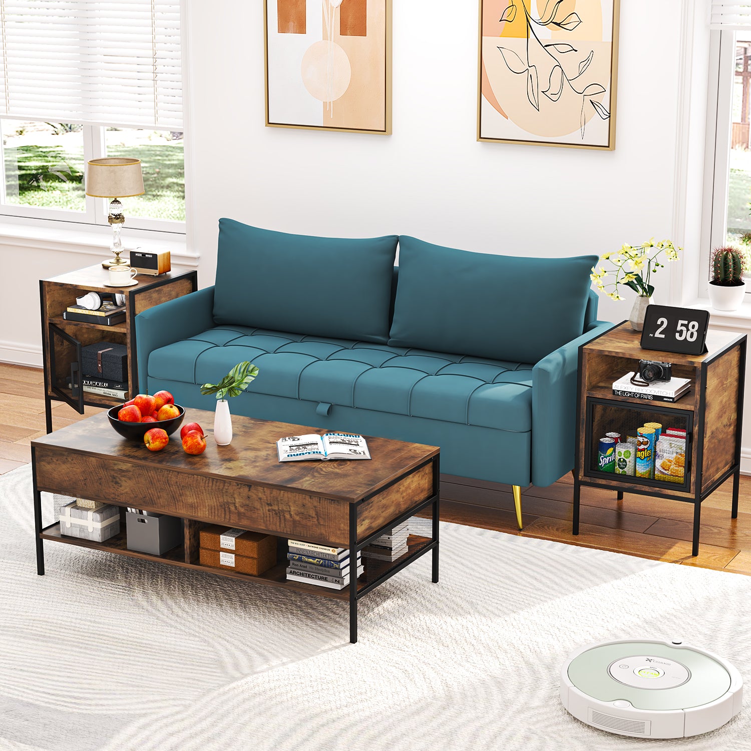 Mesa Auxiliar de Estilo Industrial Mesita de Noche con Rejilla MetáLica de Hierro Forjado (Vintage)