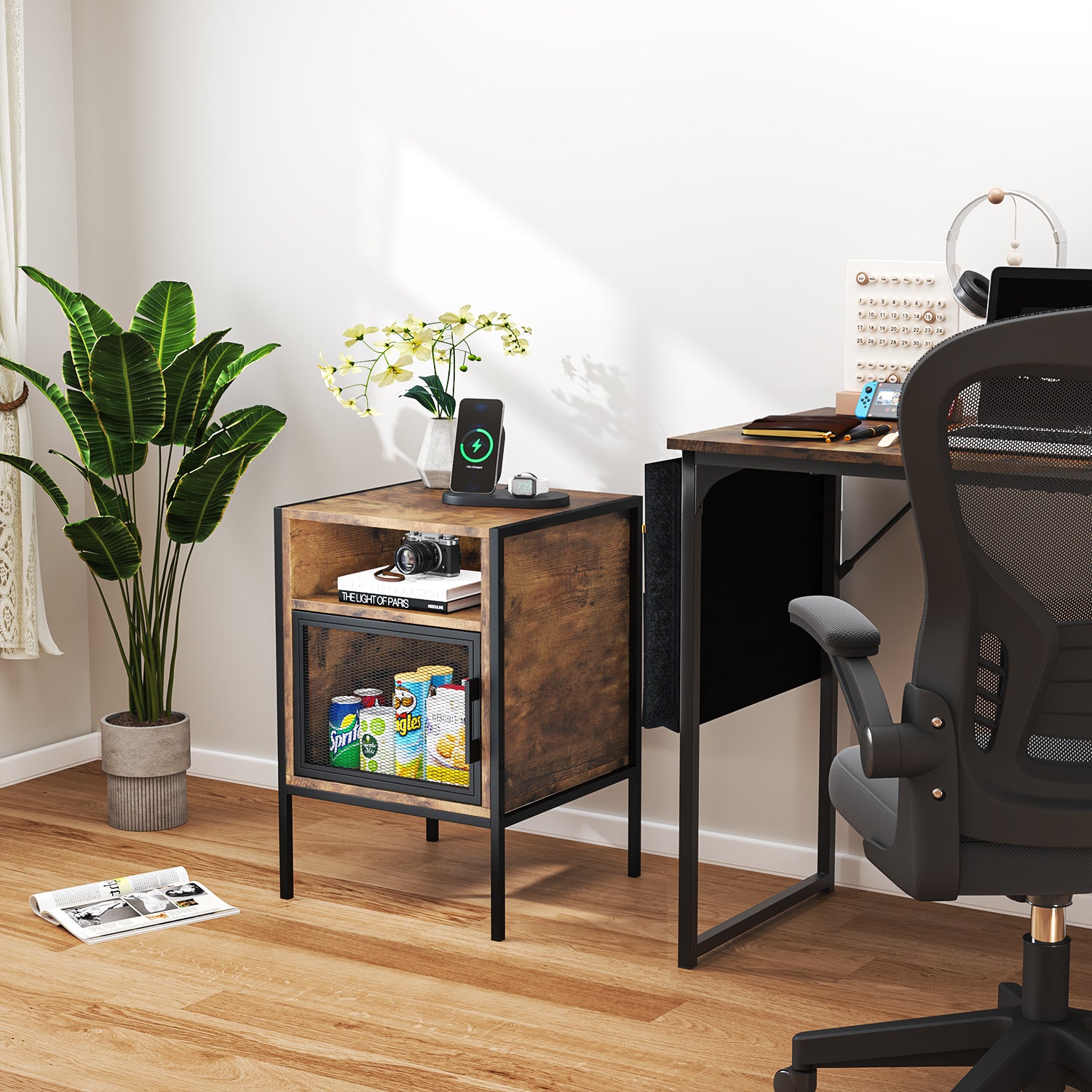 Mesa Auxiliar de Estilo Industrial Mesita de Noche con Rejilla MetáLica de Hierro Forjado (Vintage)