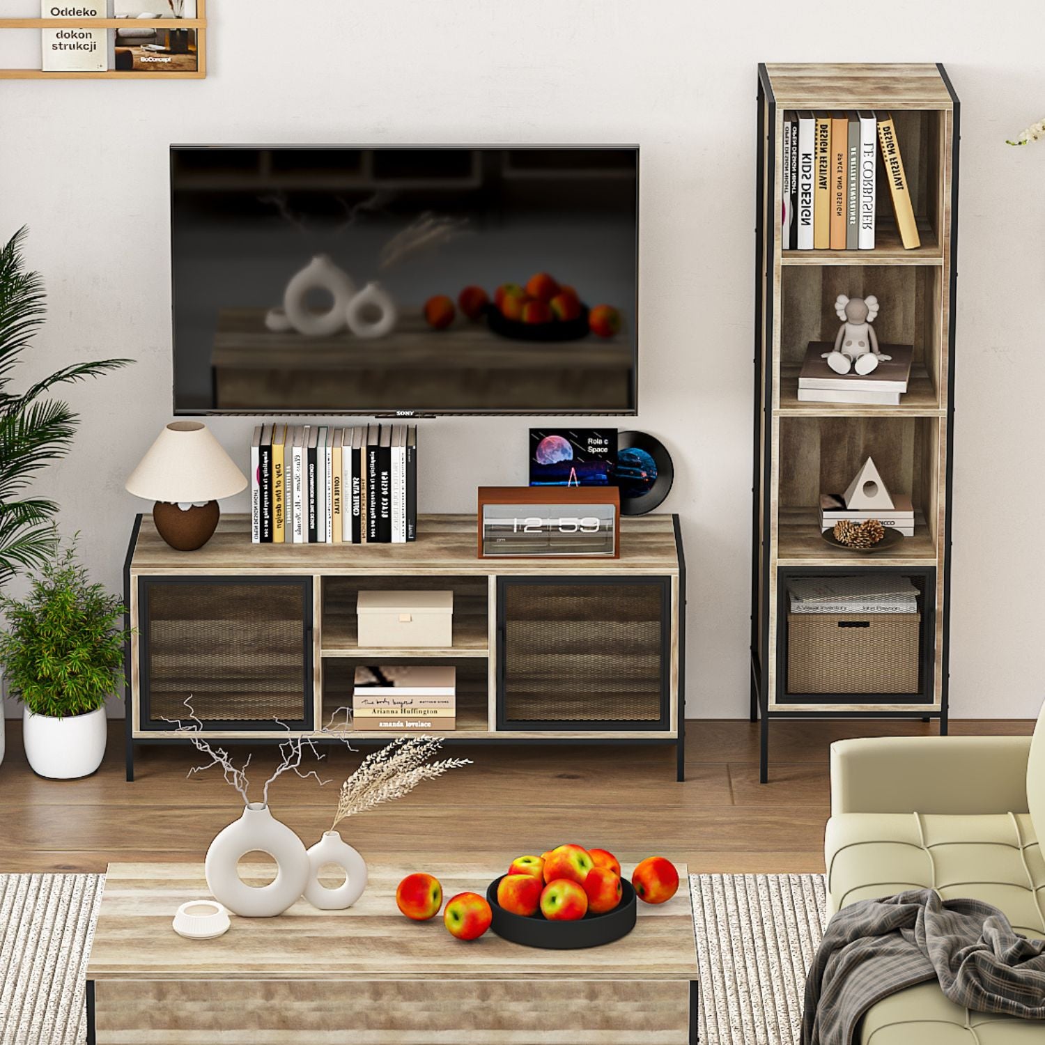 Mueble de TV con Almacenaje Diseño de Malla de Hierro Estilo Industrial (120X40X48cm) Natural