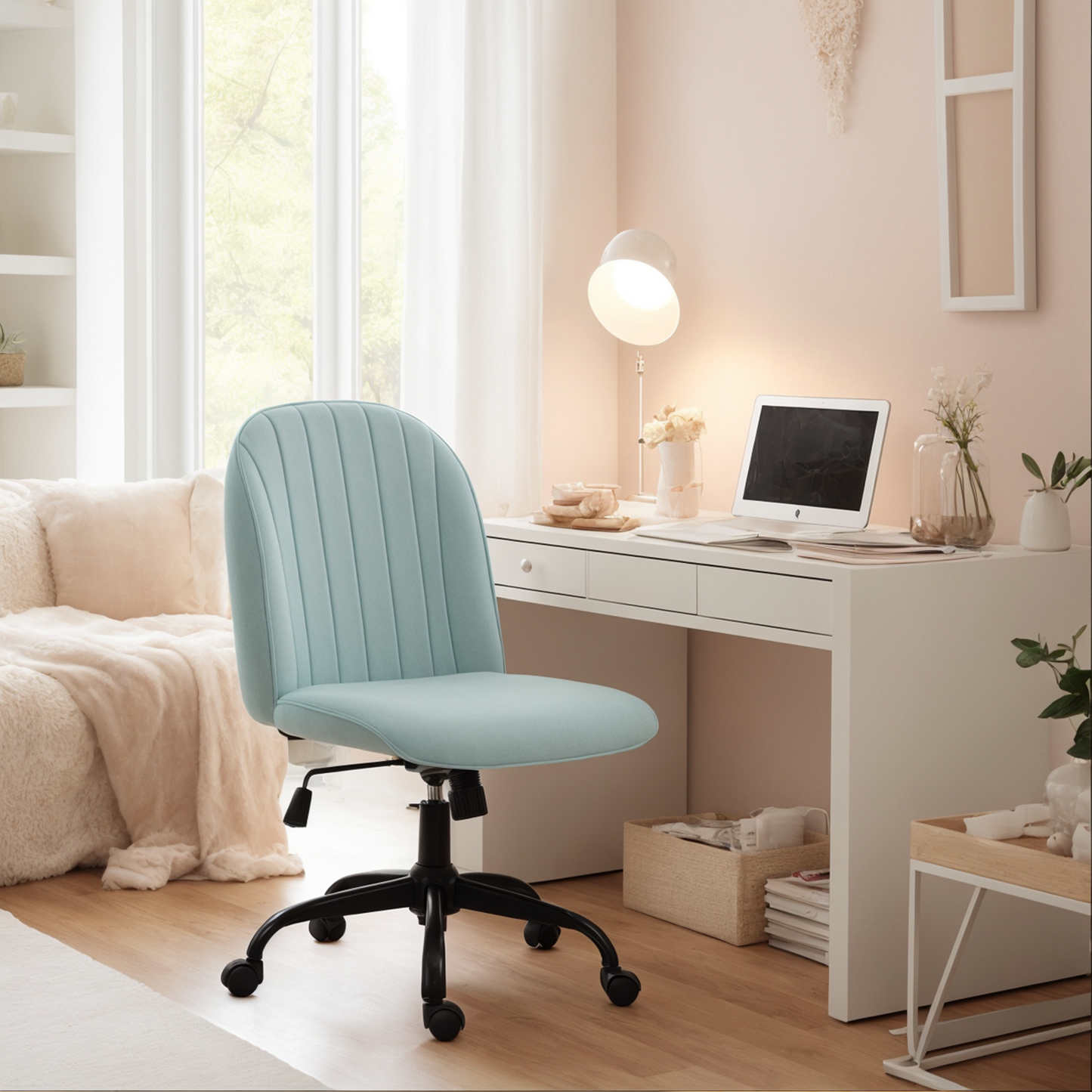 Silla de Oficina Cómoda con Respaldo Medio Ajustable y Giratoria Color Verde Menta