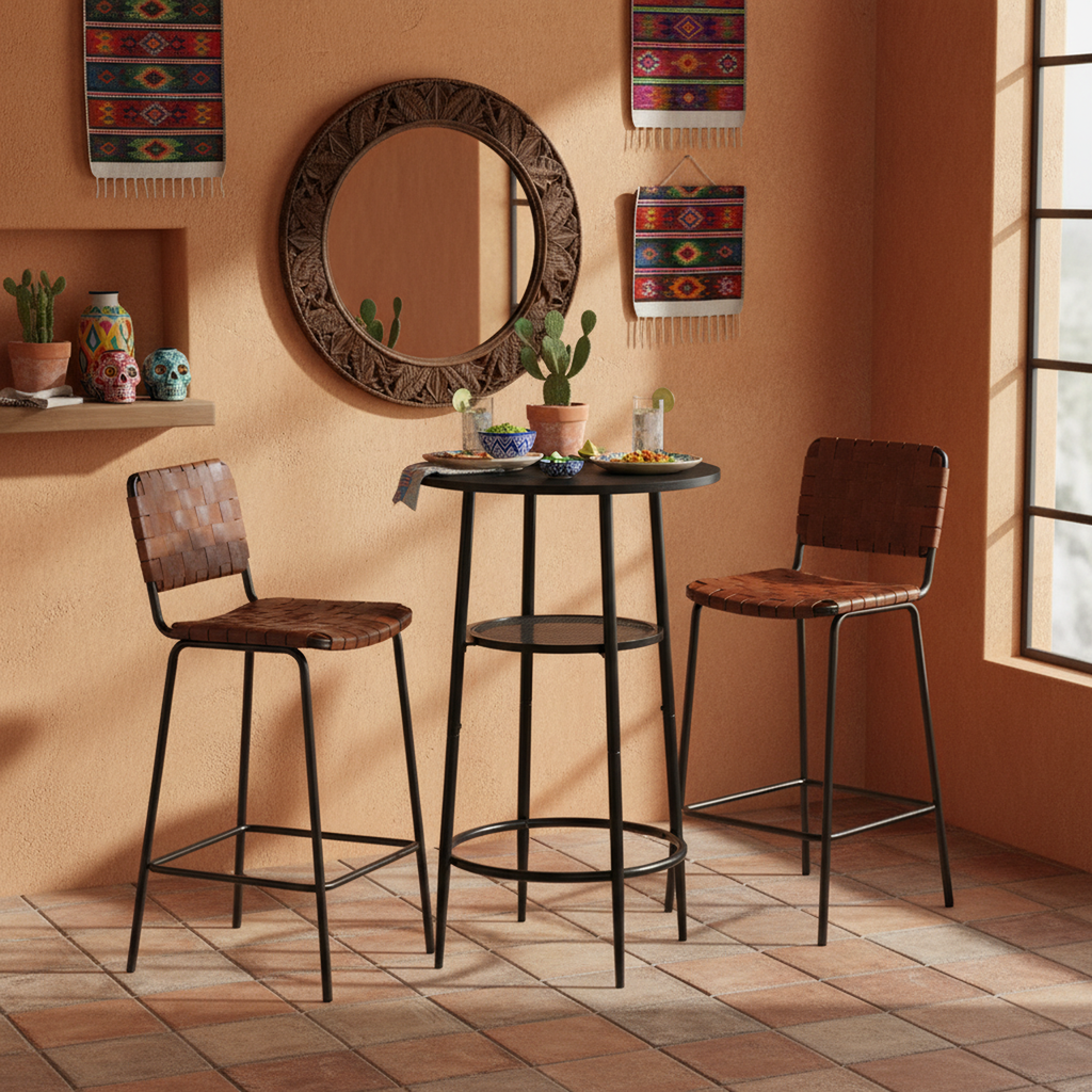 Mesa de Bar Redonda Moderna de Dos Niveles con Patas de Metal Negro