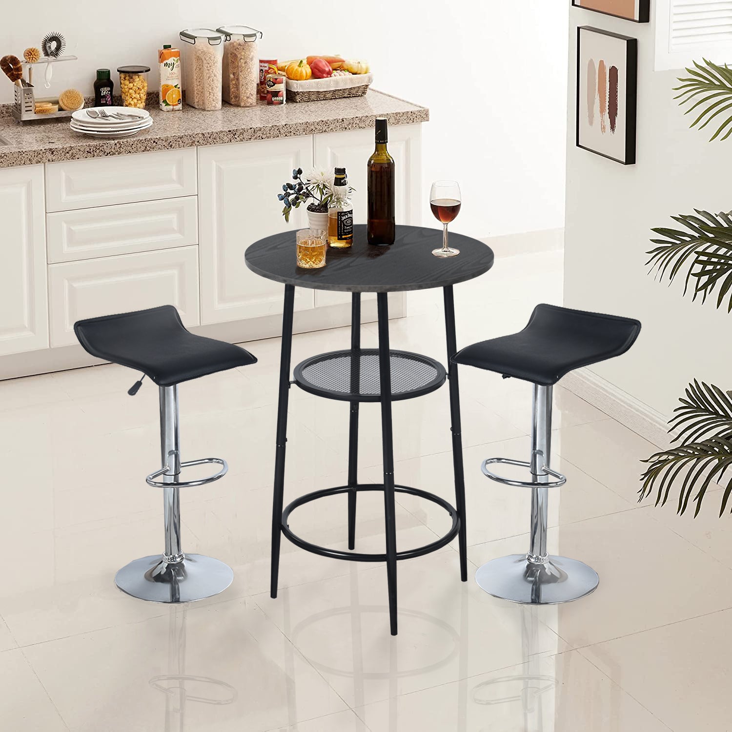 Mesa de Bar Redonda Moderna de Dos Niveles con Patas de Metal Negro