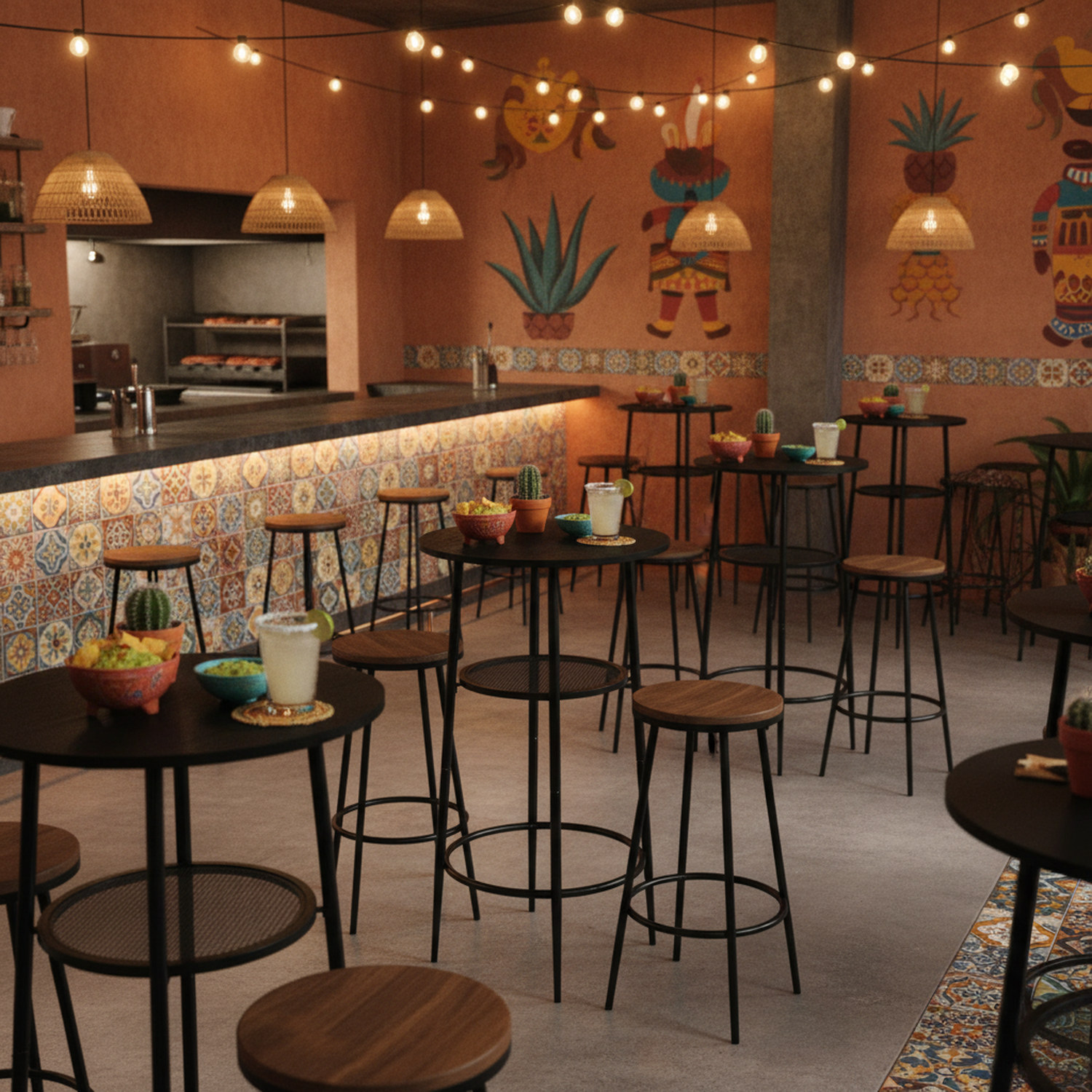 Mesa de Bar Redonda Moderna de Dos Niveles con Patas de Metal Negro