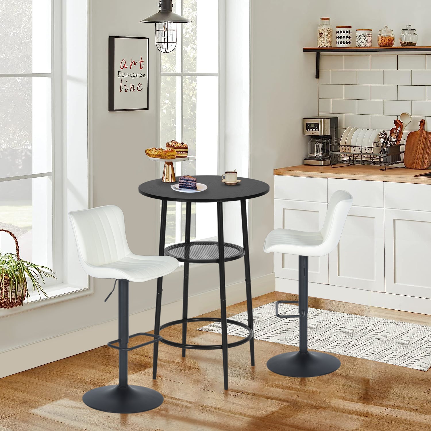 Mesa de Bar Redonda Moderna de Dos Niveles con Patas de Metal Negro