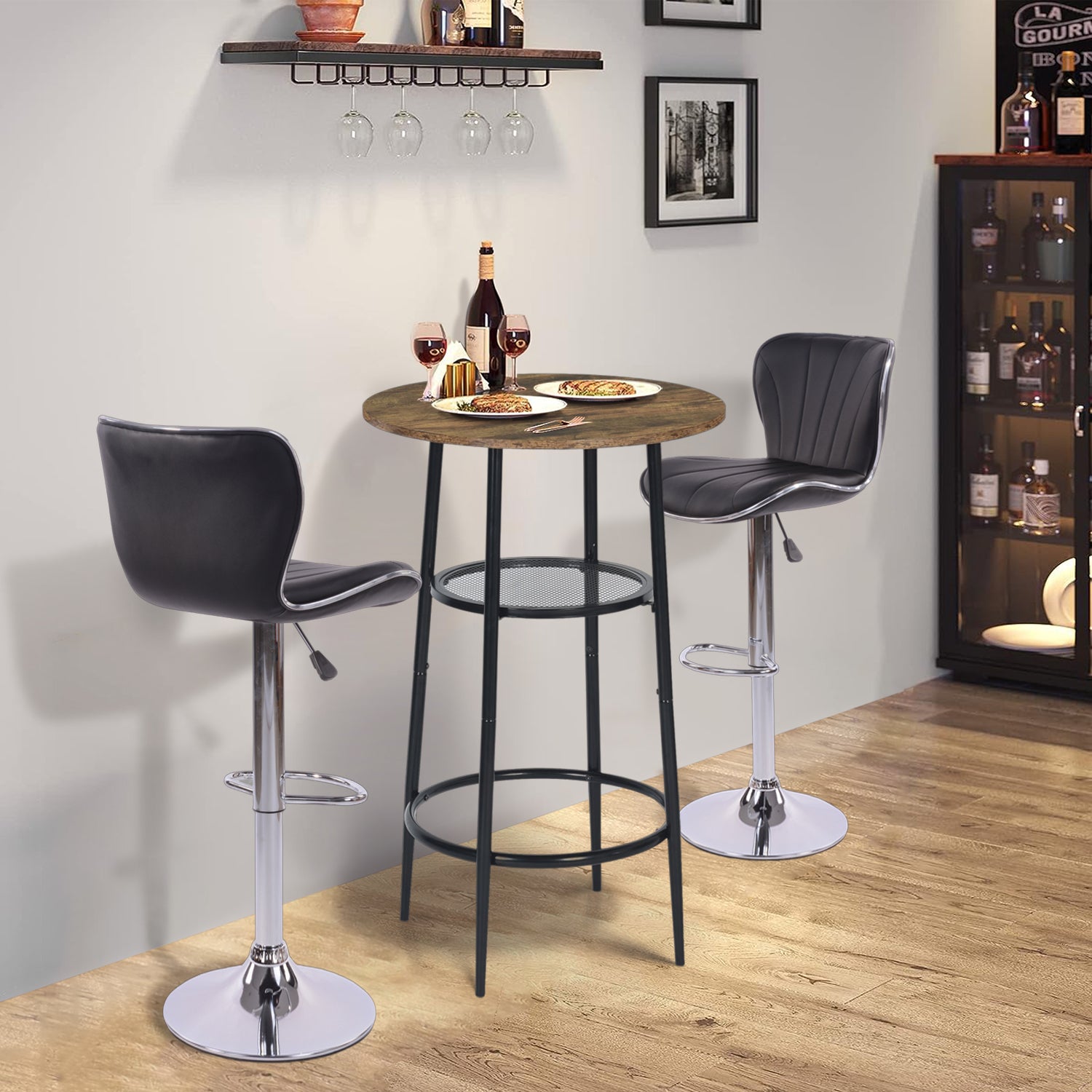 Mesa de Bar Redonda Moderna de Dos Niveles con Patas de Metal Vintage