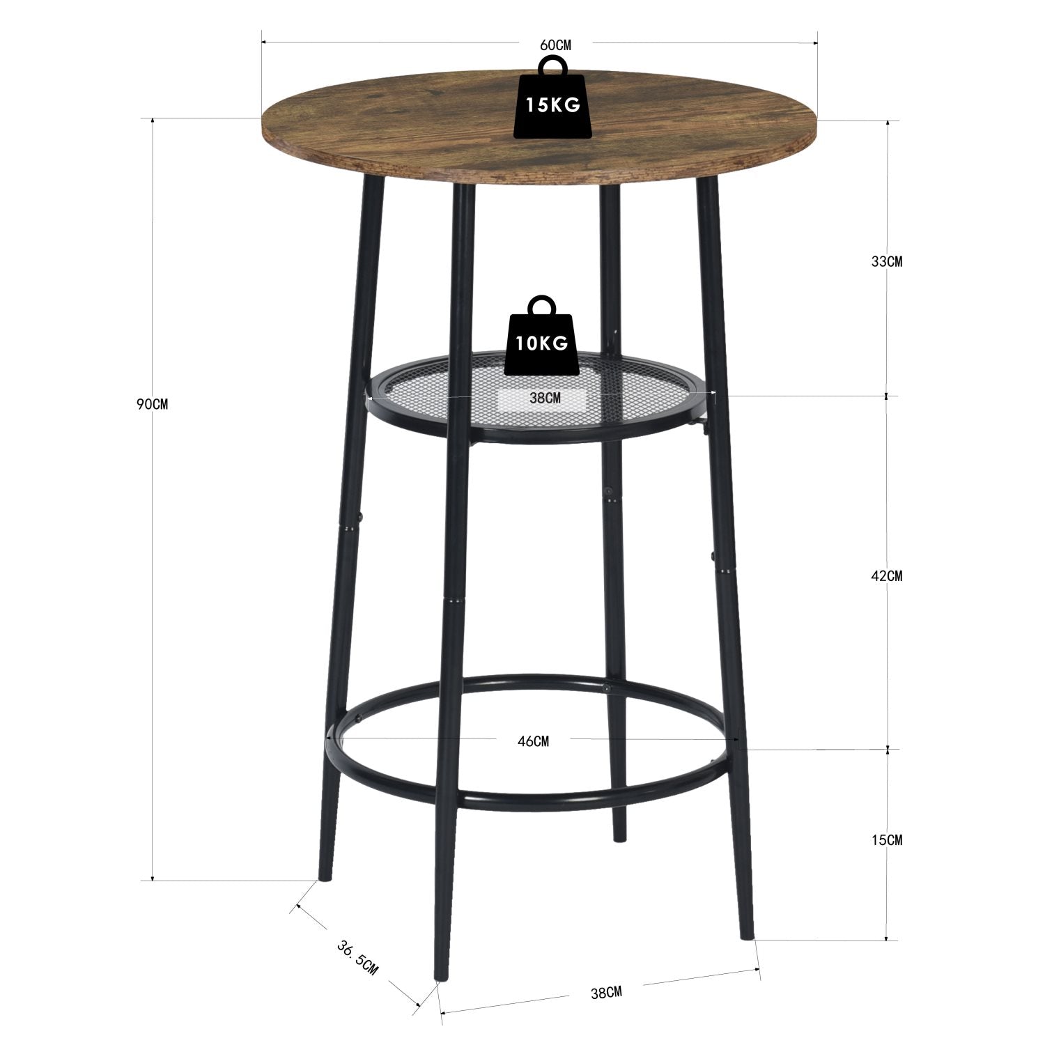 Mesa de Bar Redonda Moderna de Dos Niveles con Patas de Metal Vintage