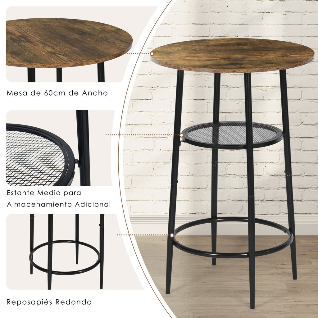 Mesa de Bar Redonda Moderna de Dos Niveles con Patas de Metal Vintage