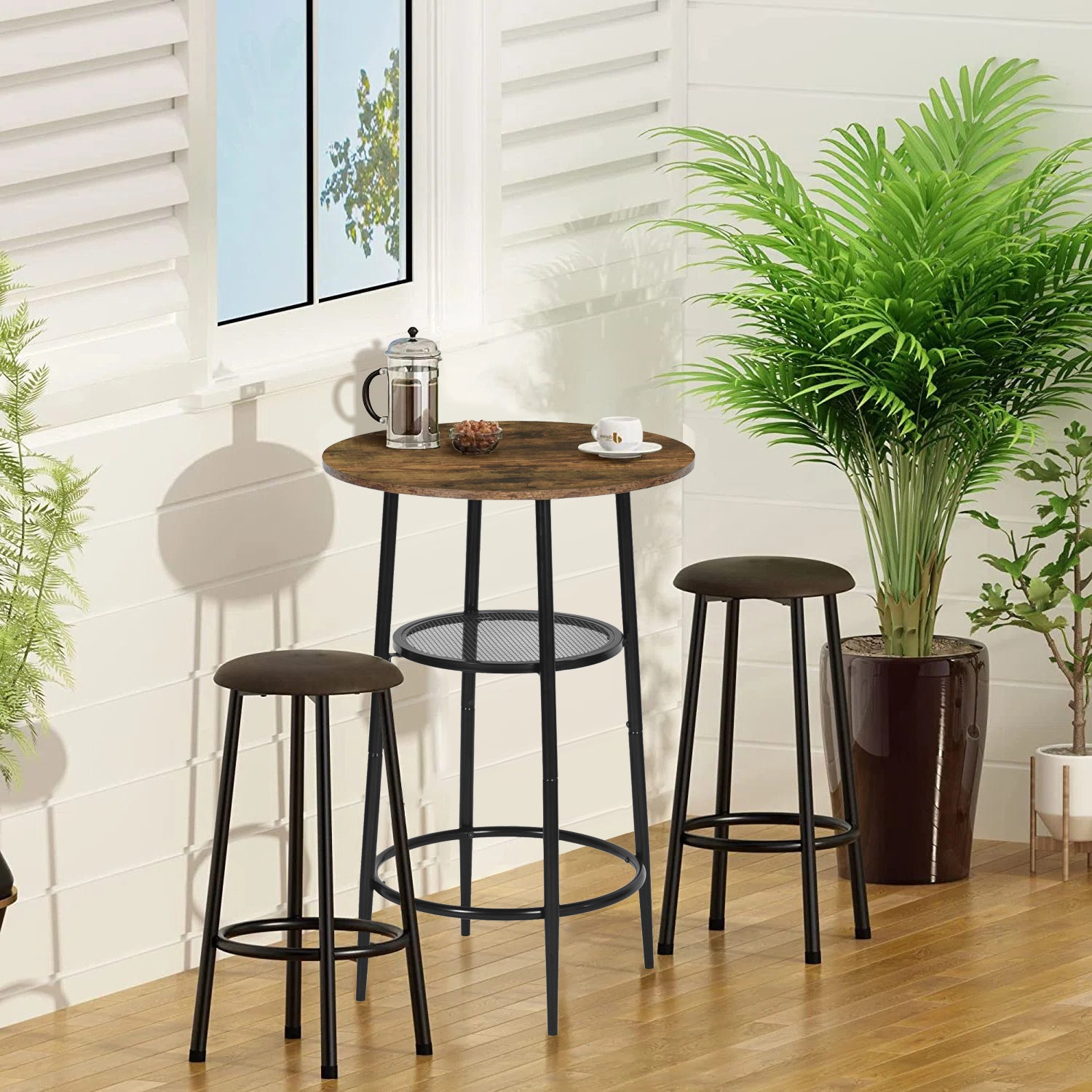 Mesa de Bar Redonda Moderna de Dos Niveles con Patas de Metal Vintage