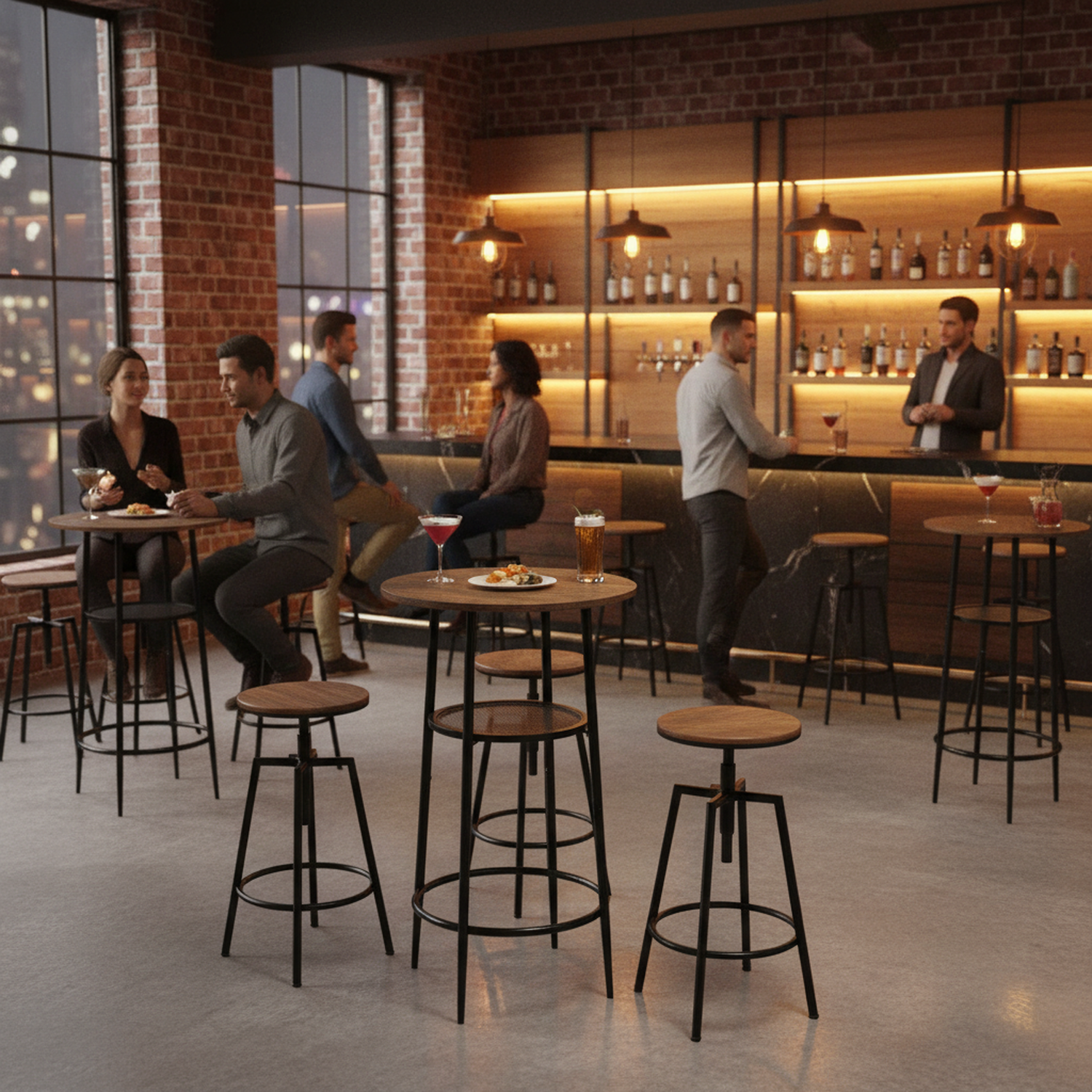 Mesa de Bar Redonda Moderna de Dos Niveles con Patas de Metal Vintage