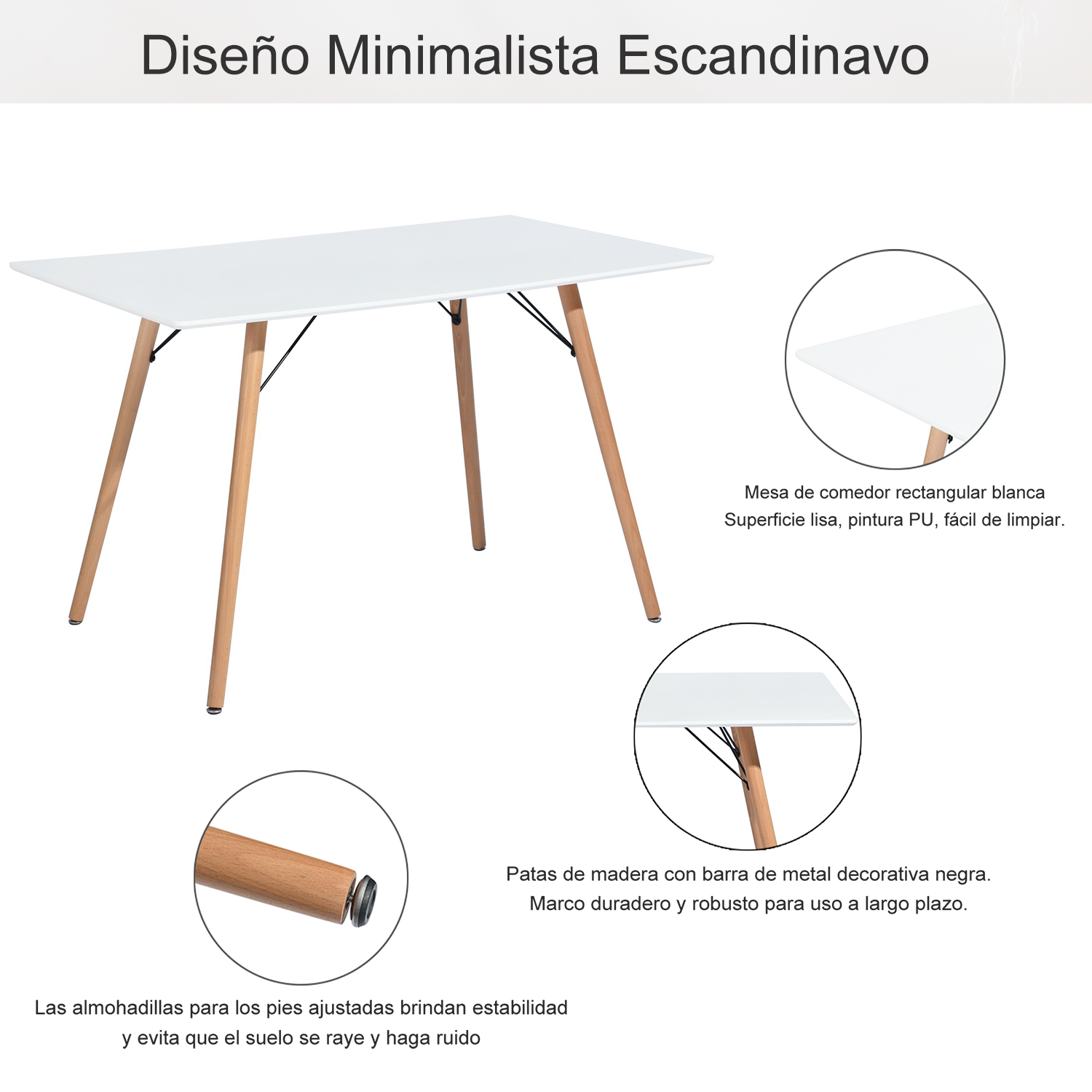 Mesa Rectangular para 4-6 Personas Estilo Escandinavo Minimalista 120x70x74cm (Blanco)