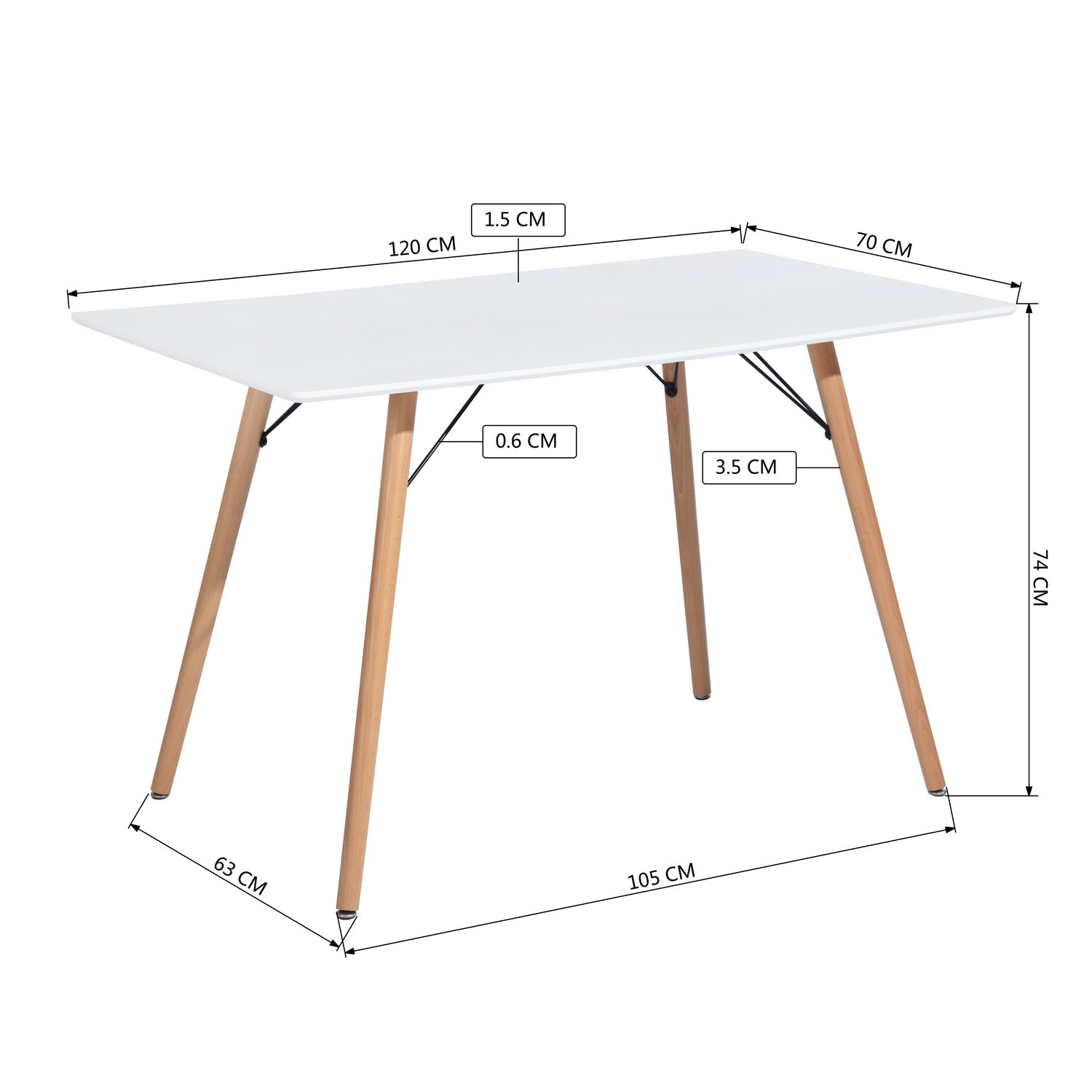 Mesa Rectangular para 4-6 Personas Estilo Escandinavo Minimalista 120x70x74cm (Blanco)