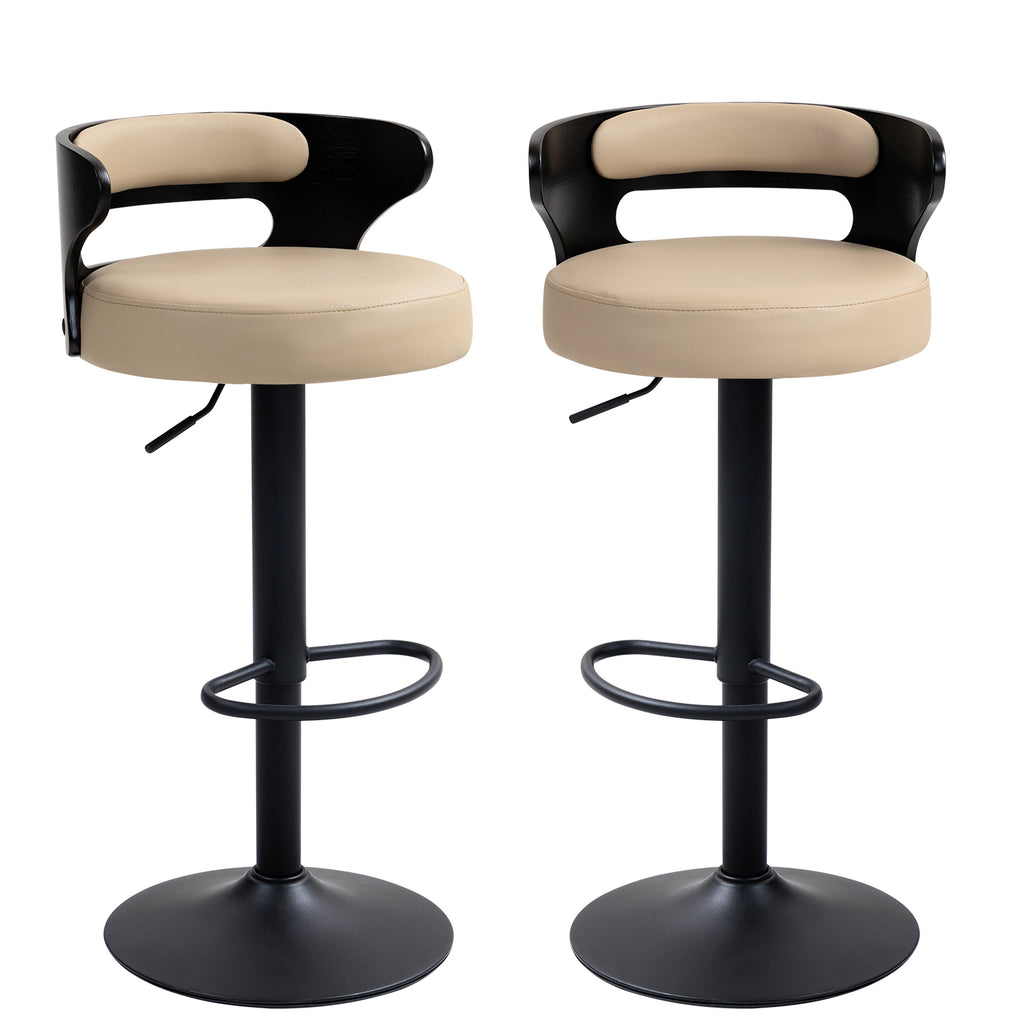 Juego de 2 Bancos de Barra Giratorios Respaldo Curvo de Madera en Negro y Beige para Cocina o Bar