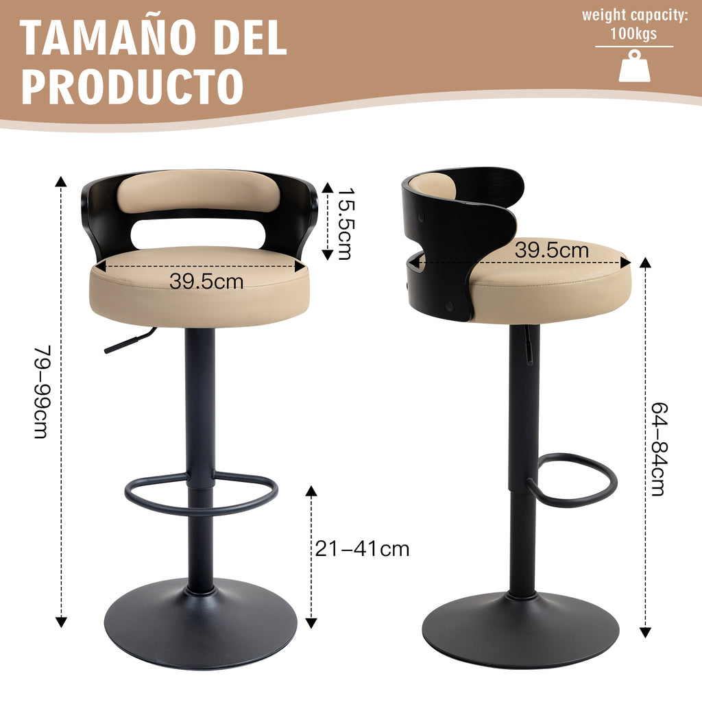 Juego de 2 Bancos de Barra Giratorios Respaldo Curvo de Madera en Negro y Beige para Cocina o Bar