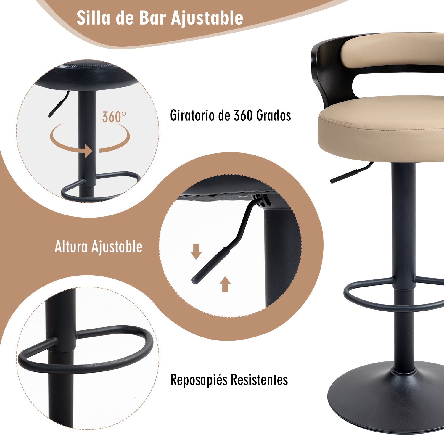 Juego de 2 Bancos de Barra Giratorios Respaldo Curvo de Madera en Negro y Beige para Cocina o Bar