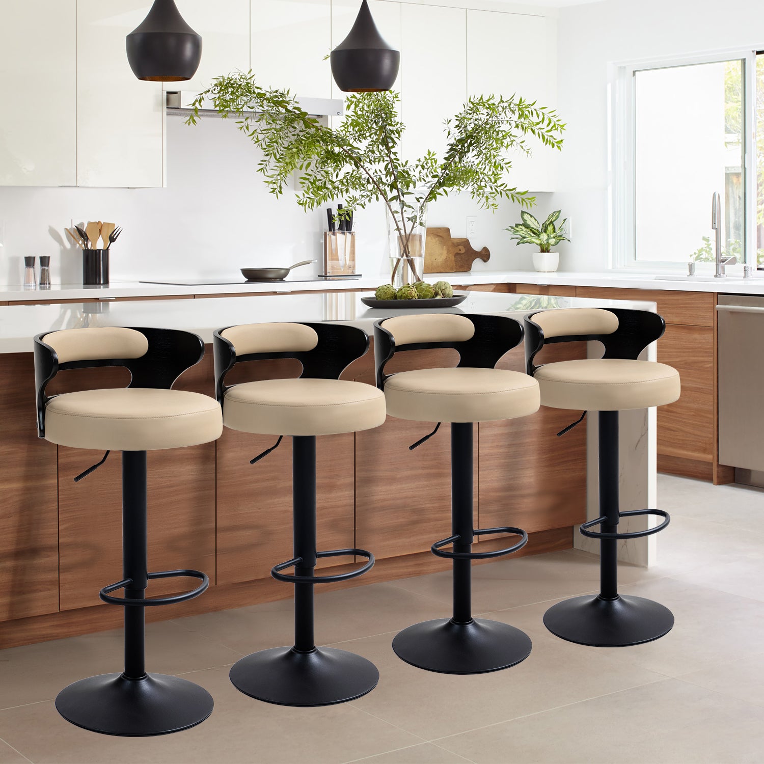 Juego de 2 Bancos de Barra Giratorios Respaldo Curvo de Madera en Negro y Beige para Cocina o Bar