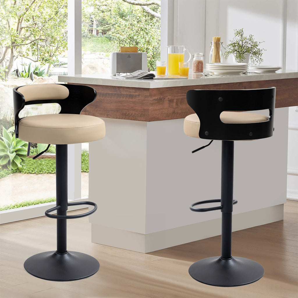 Juego de 2 Bancos de Barra Giratorios Respaldo Curvo de Madera en Negro y Beige para Cocina o Bar