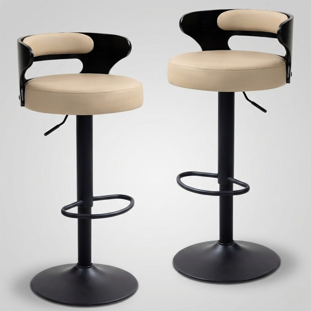 Juego de 2 Bancos de Barra Giratorios Respaldo Curvo de Madera en Negro y Beige para Cocina o Bar