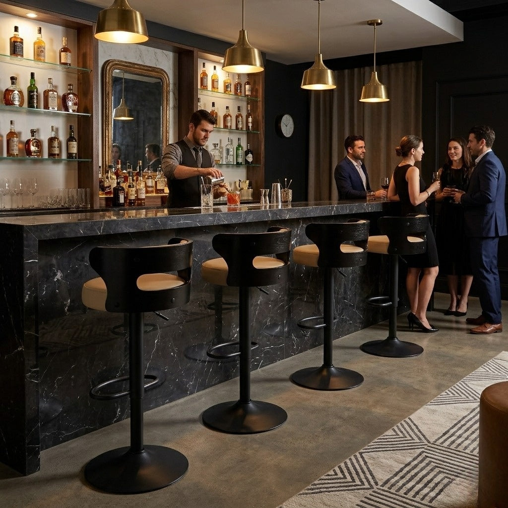 Juego de 2 Bancos de Barra Giratorios Respaldo Curvo de Madera en Negro y Beige para Cocina o Bar
