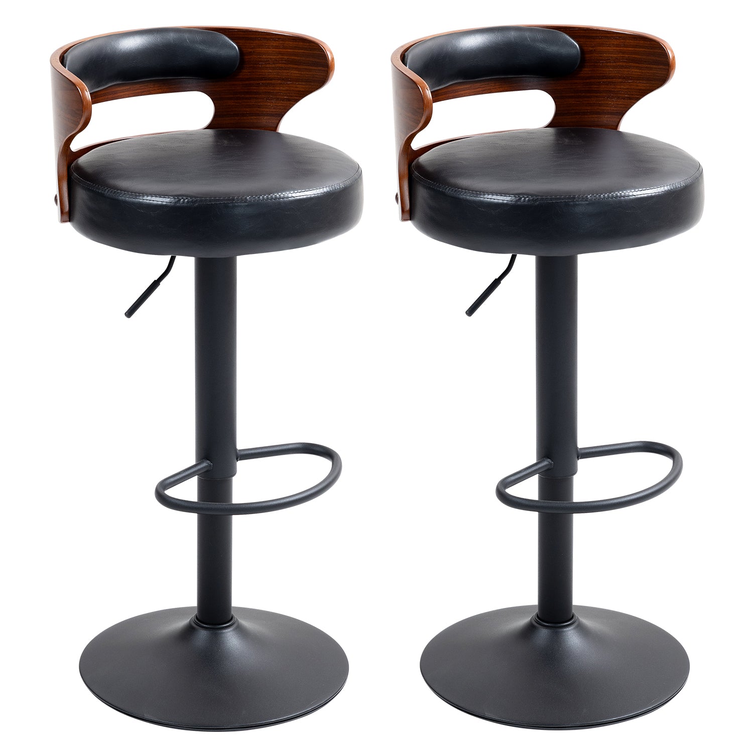 Juego de 2 Bancos de Barra Giratorios Respaldo Curvo de Madera en Negro y Nogal para Cocina o Bar