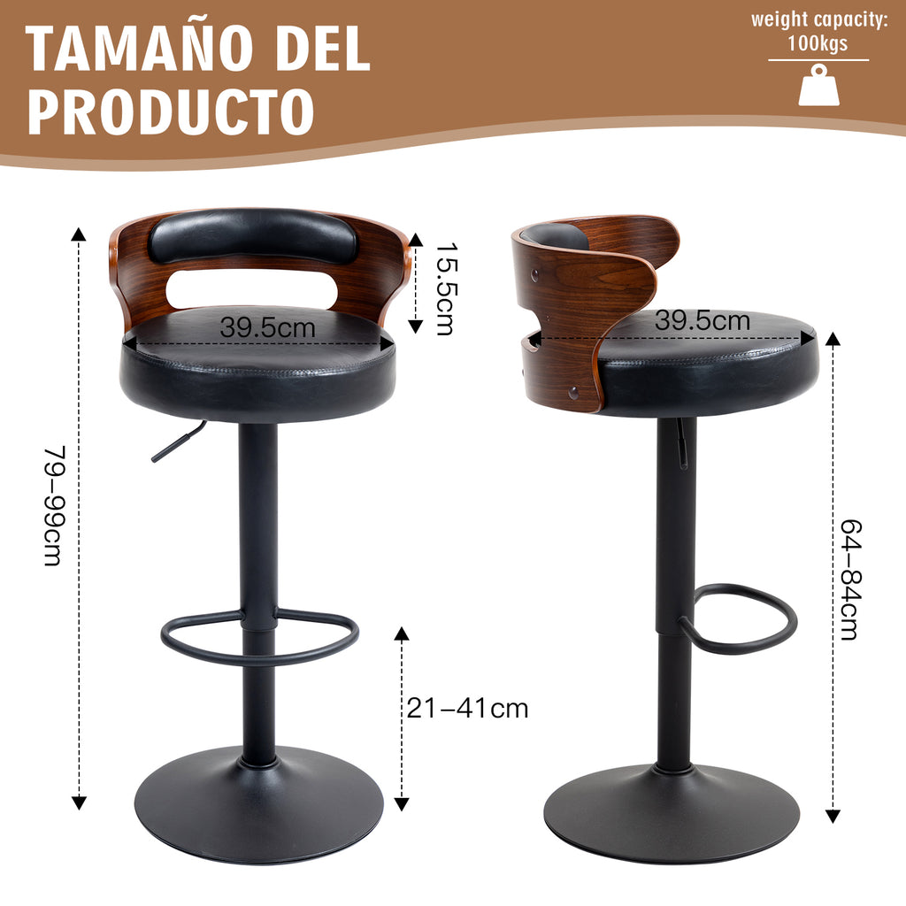 Juego de 2 Bancos de Barra Giratorios Respaldo Curvo de Madera en Negro y Nogal para Cocina o Bar