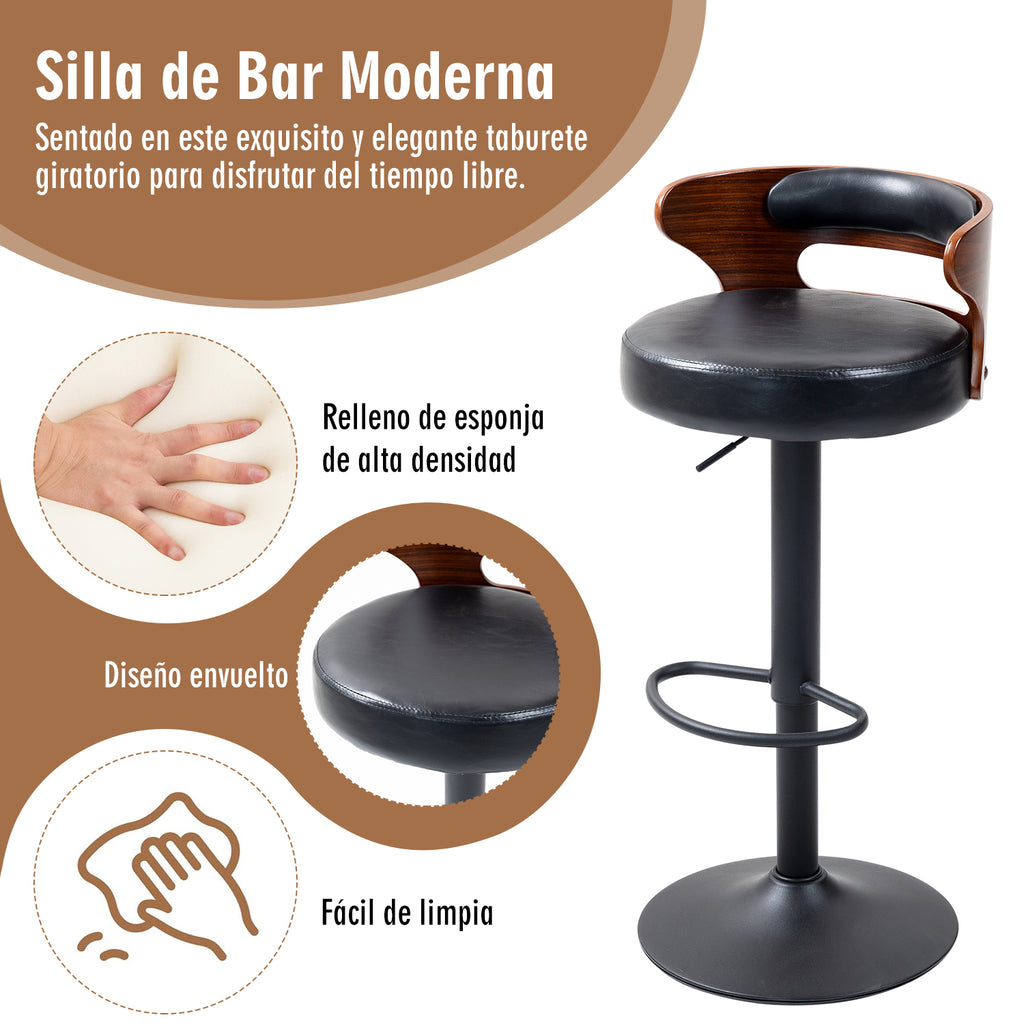 Juego de 2 Bancos de Barra Giratorios Respaldo Curvo de Madera en Negro y Nogal para Cocina o Bar