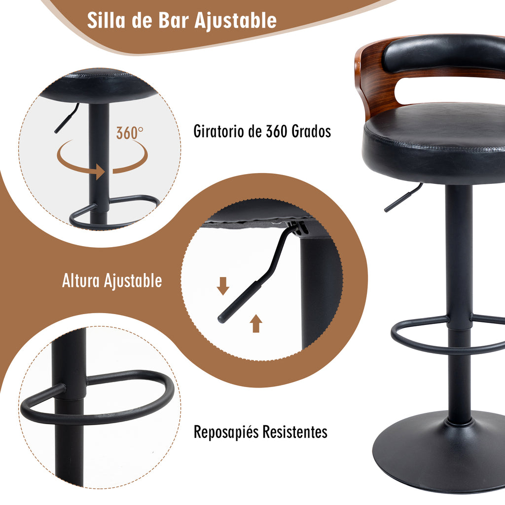 Juego de 2 Bancos de Barra Giratorios Respaldo Curvo de Madera en Negro y Nogal para Cocina o Bar