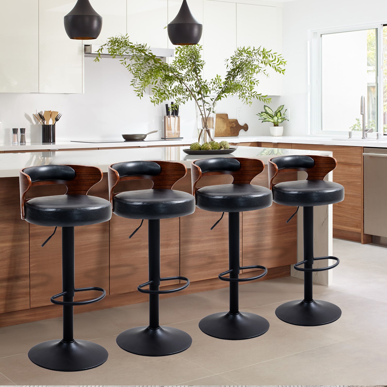 Juego de 2 Bancos de Barra Giratorios Respaldo Curvo de Madera en Negro y Nogal para Cocina o Bar