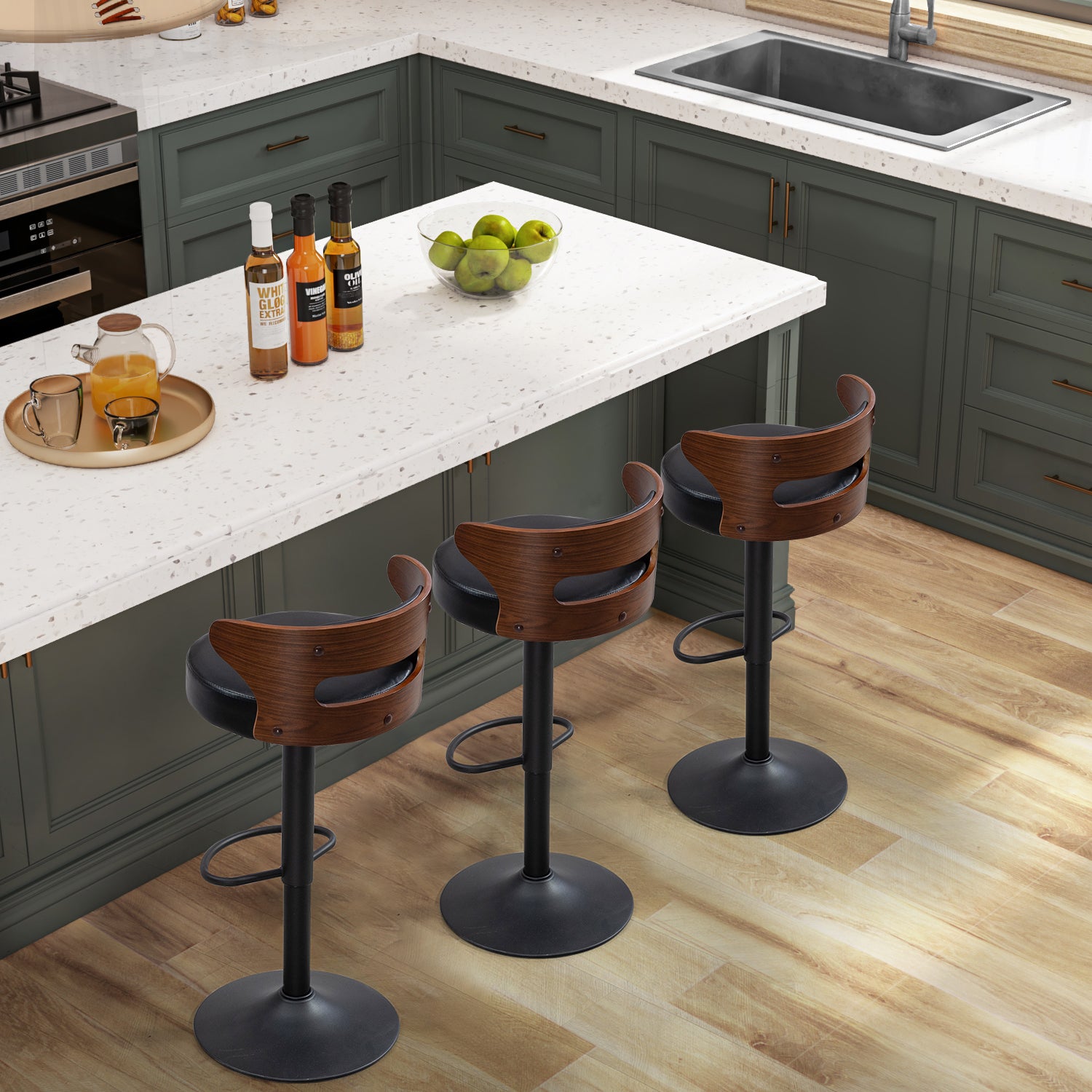 Juego de 2 Bancos de Barra Giratorios Respaldo Curvo de Madera en Negro y Nogal para Cocina o Bar