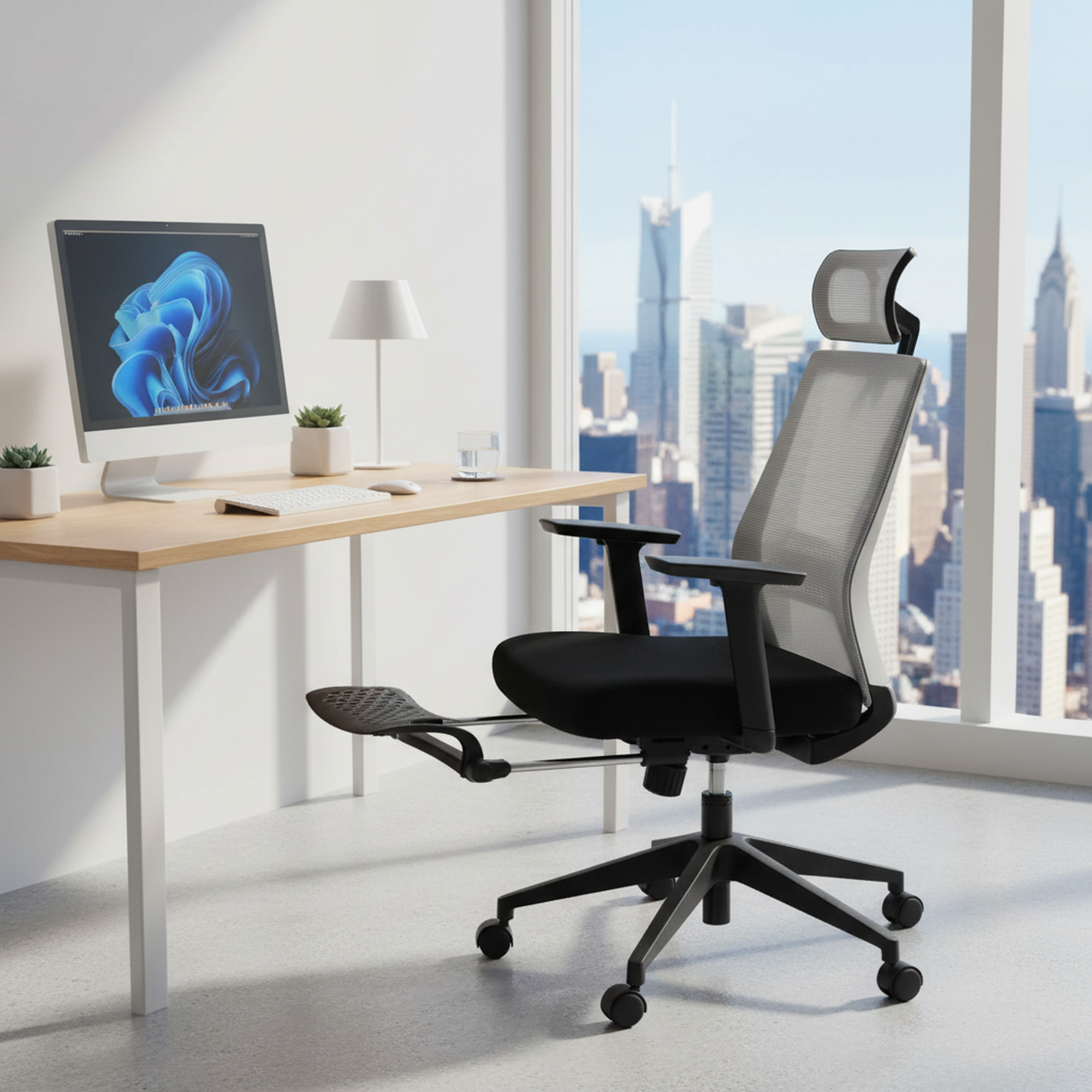 Silla Ergonómica de Oficina con Reposapiés Soporte Lumbar Reposacabezas Ajustable Reposabrazos Altura Inclinable Gris + Negro