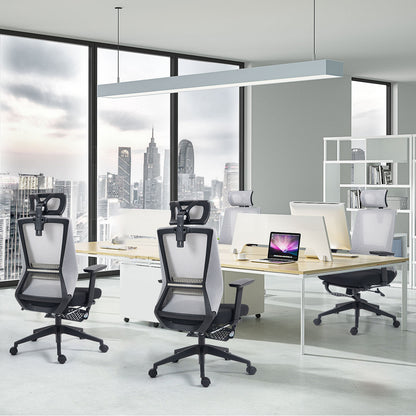 Silla Ergonómica de Oficina con Reposapiés Soporte Lumbar Reposacabezas Ajustable Reposabrazos Altura Inclinable Gris + Negro