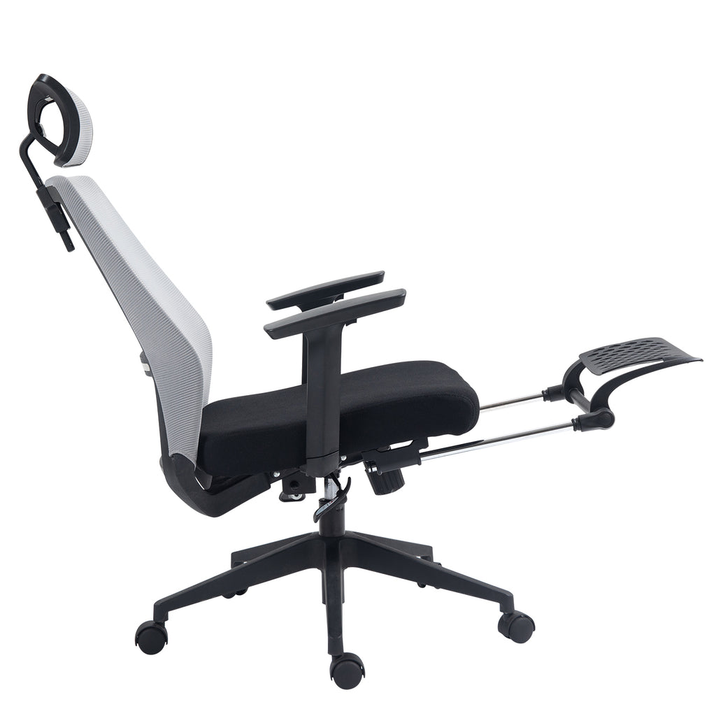 Silla Ergonómica de Oficina con Reposapiés Soporte Lumbar Reposacabezas Ajustable Reposabrazos Altura Inclinable Gris + Negro