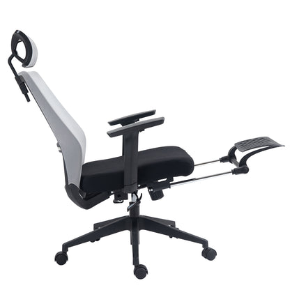 Silla Ergonómica de Oficina con Reposapiés Soporte Lumbar Reposacabezas Ajustable Reposabrazos Altura Inclinable Gris + Negro