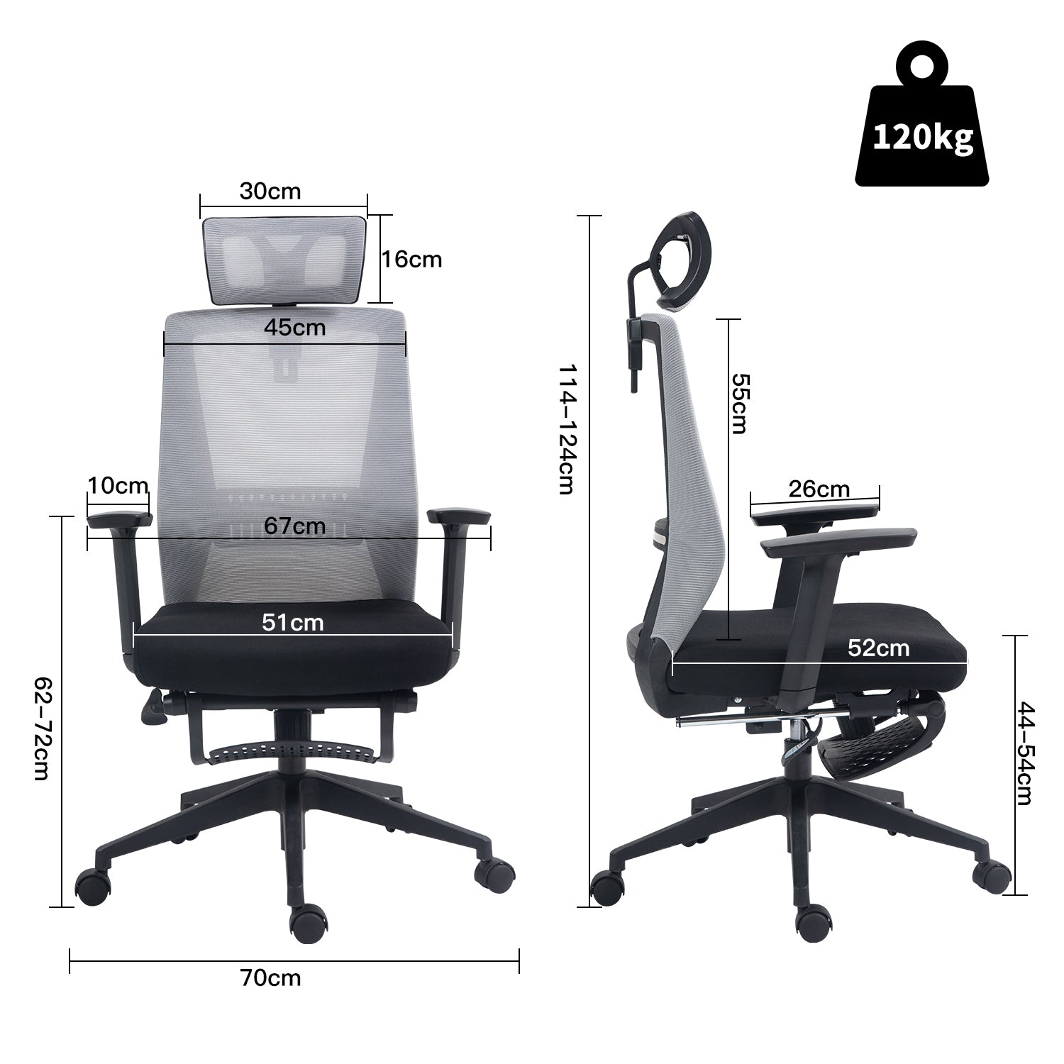 Silla Ergonómica de Oficina con Reposapiés Soporte Lumbar Reposacabezas Ajustable Reposabrazos Altura Inclinable Gris + Negro