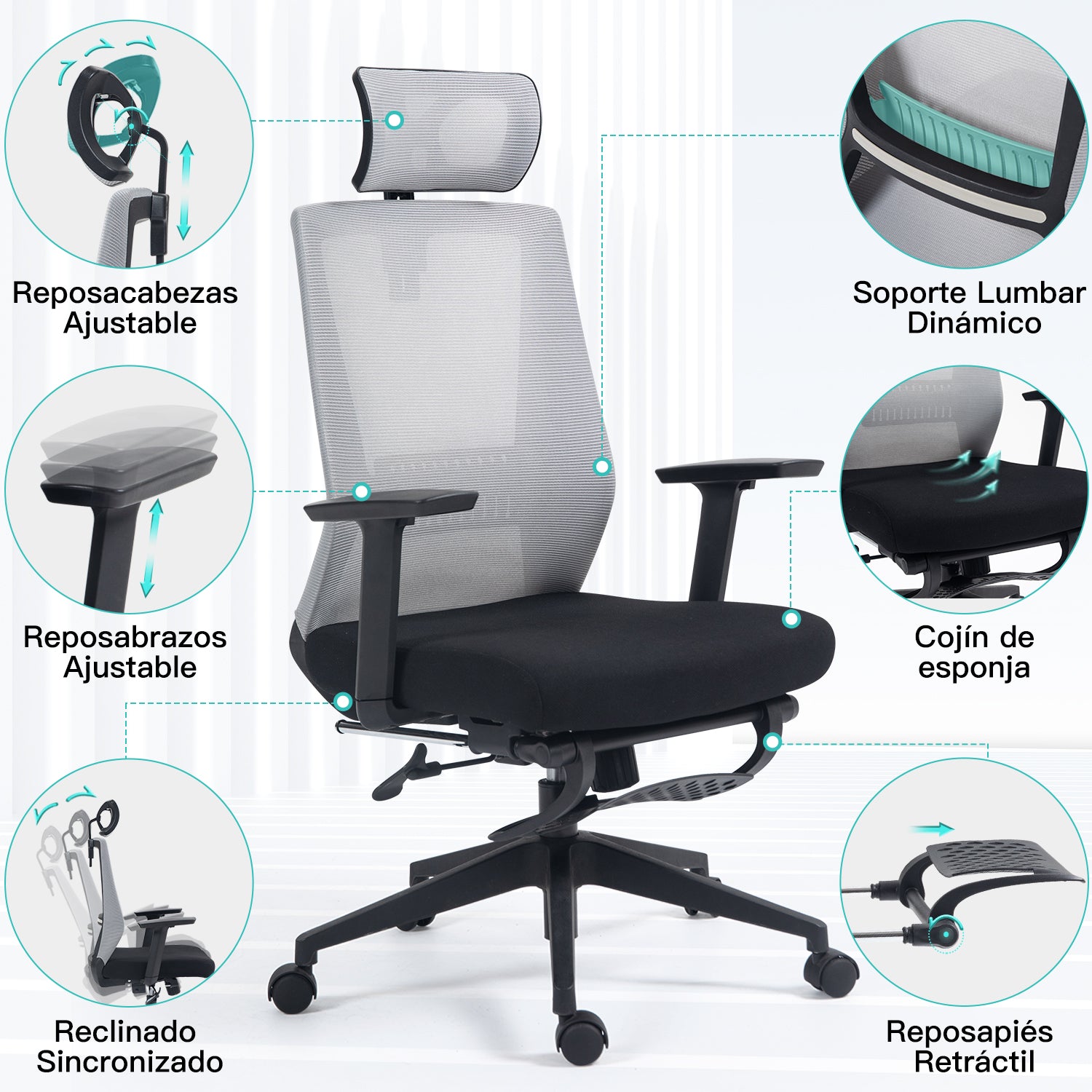 Silla Ergonómica de Oficina con Reposapiés Soporte Lumbar Reposacabezas Ajustable Reposabrazos Altura Inclinable Gris + Negro
