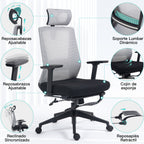Silla Ergonómica de Oficina con Reposapiés Soporte Lumbar Reposacabezas Ajustable Reposabrazos Altura Inclinable Gris + Negro